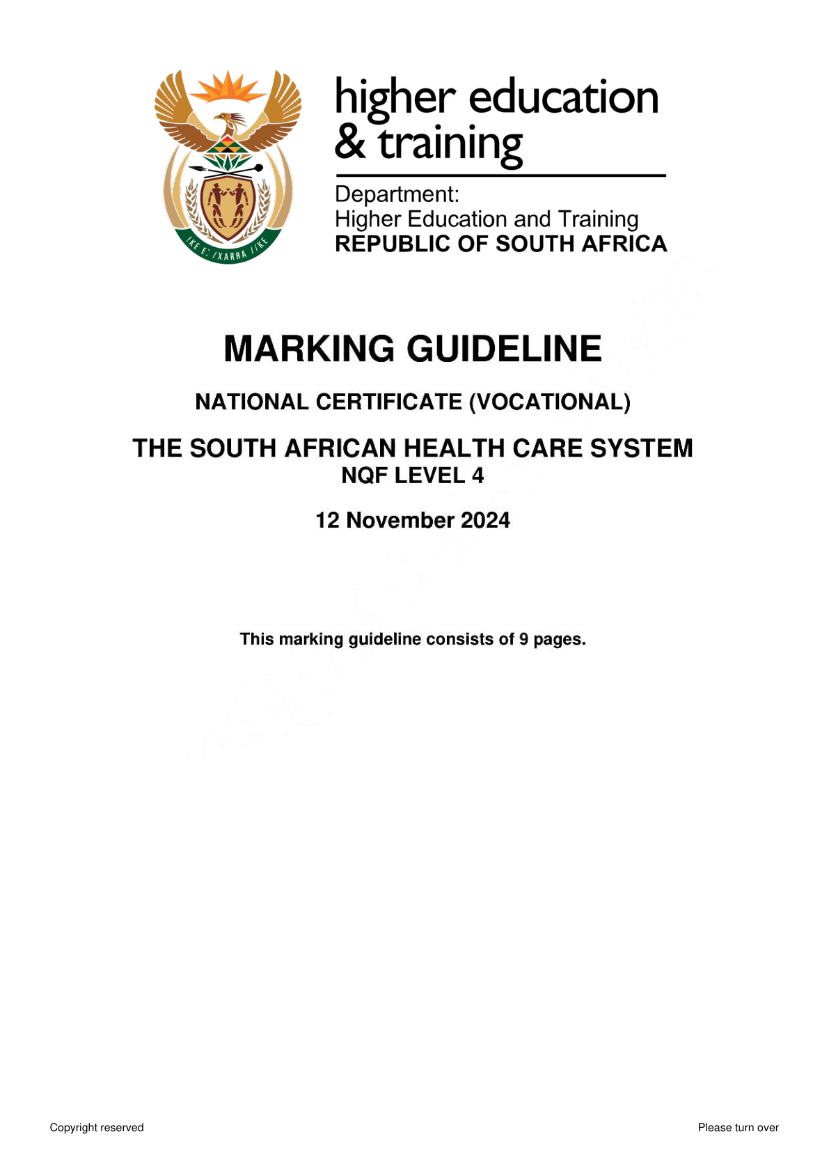 The South African Health Care System Level 4 DHET NCV November 2024 - Memo