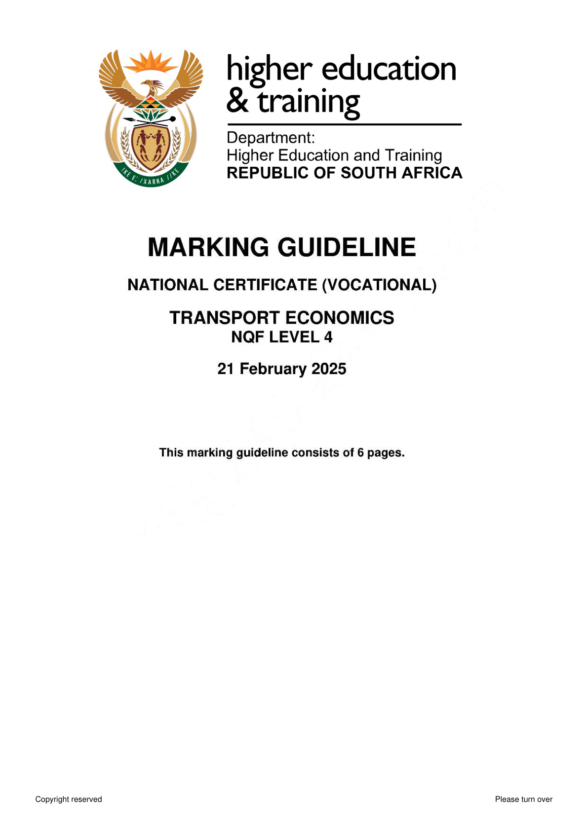 Transport Economics Level 4 DHET NCV February 2025 - Memo