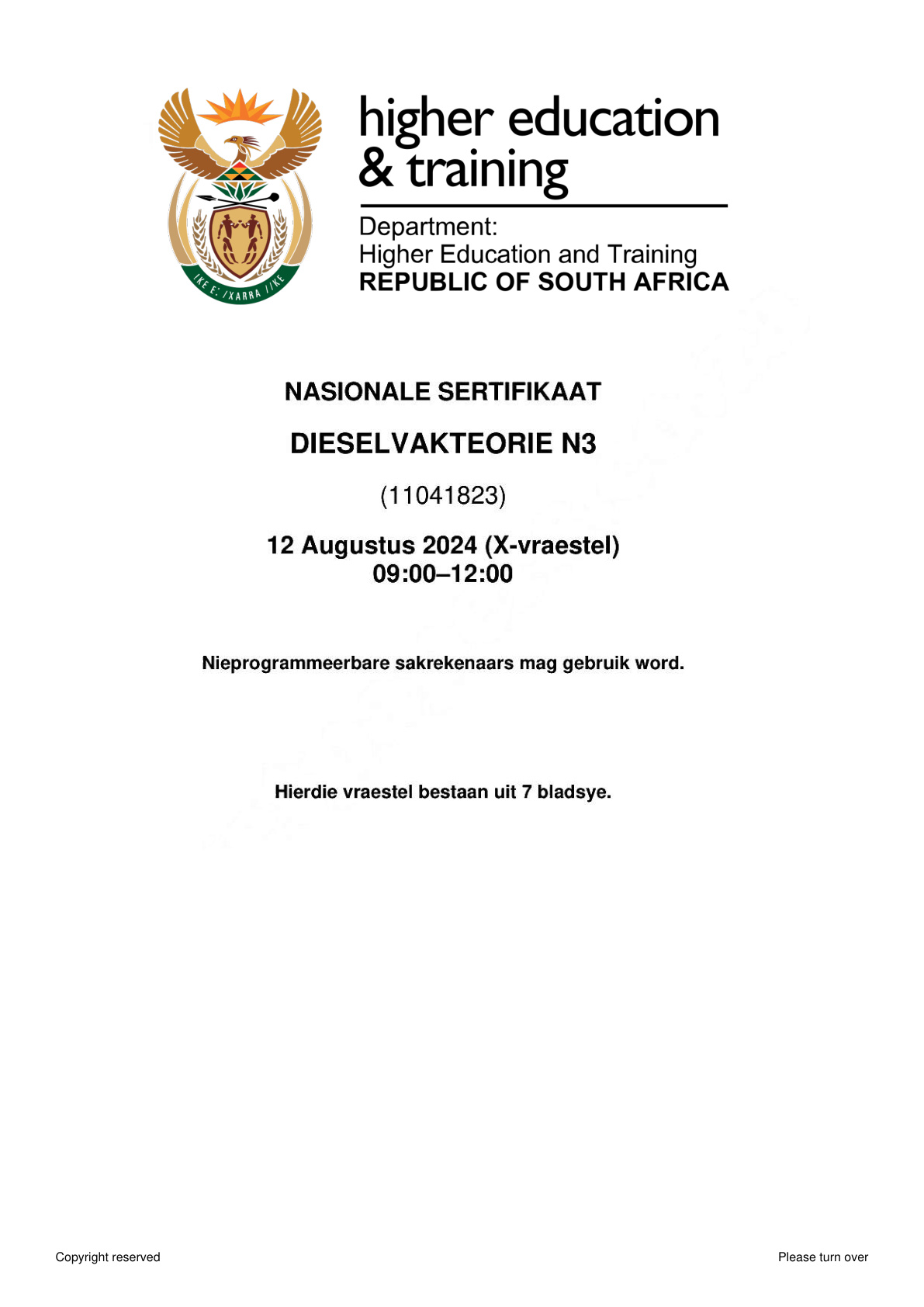 Diesel Trade Theory N3 DHET NATED August 2024 Paper X - Question Paper
