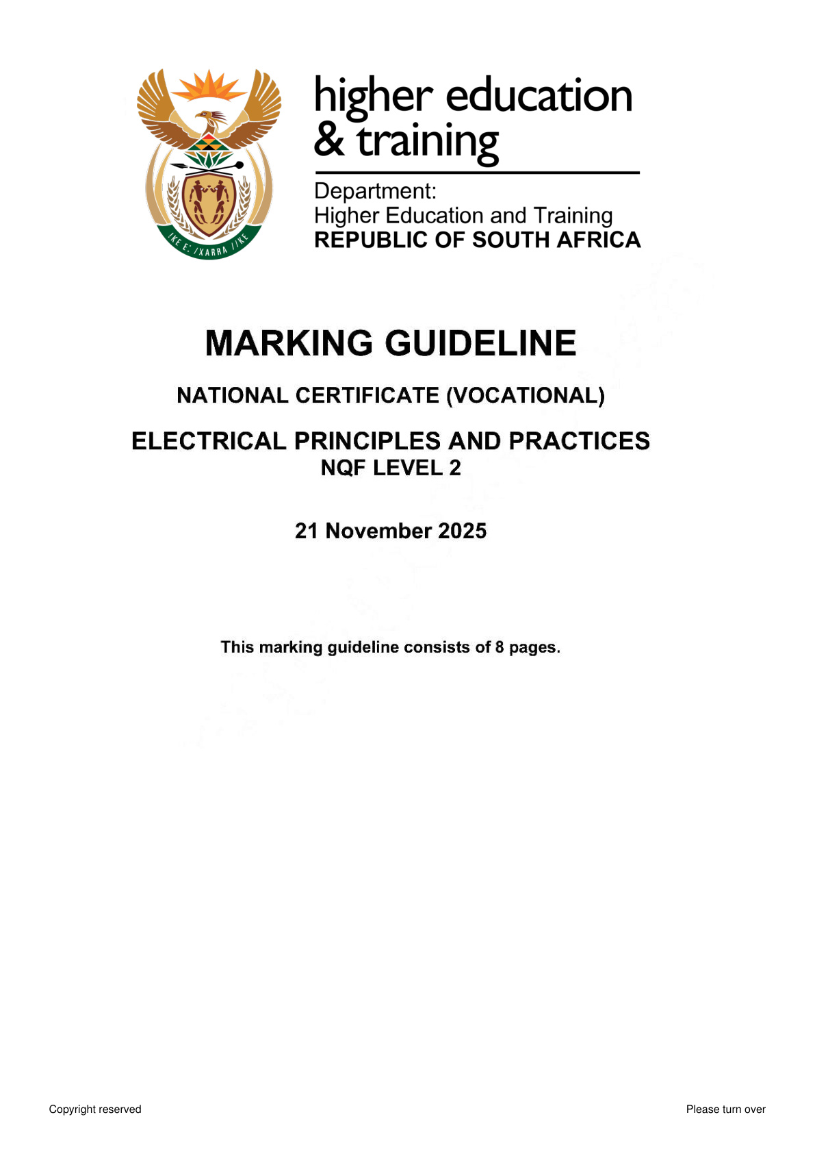 Electrical Principles And Practice Level 2 Dhet NCV November 2025 - Memo