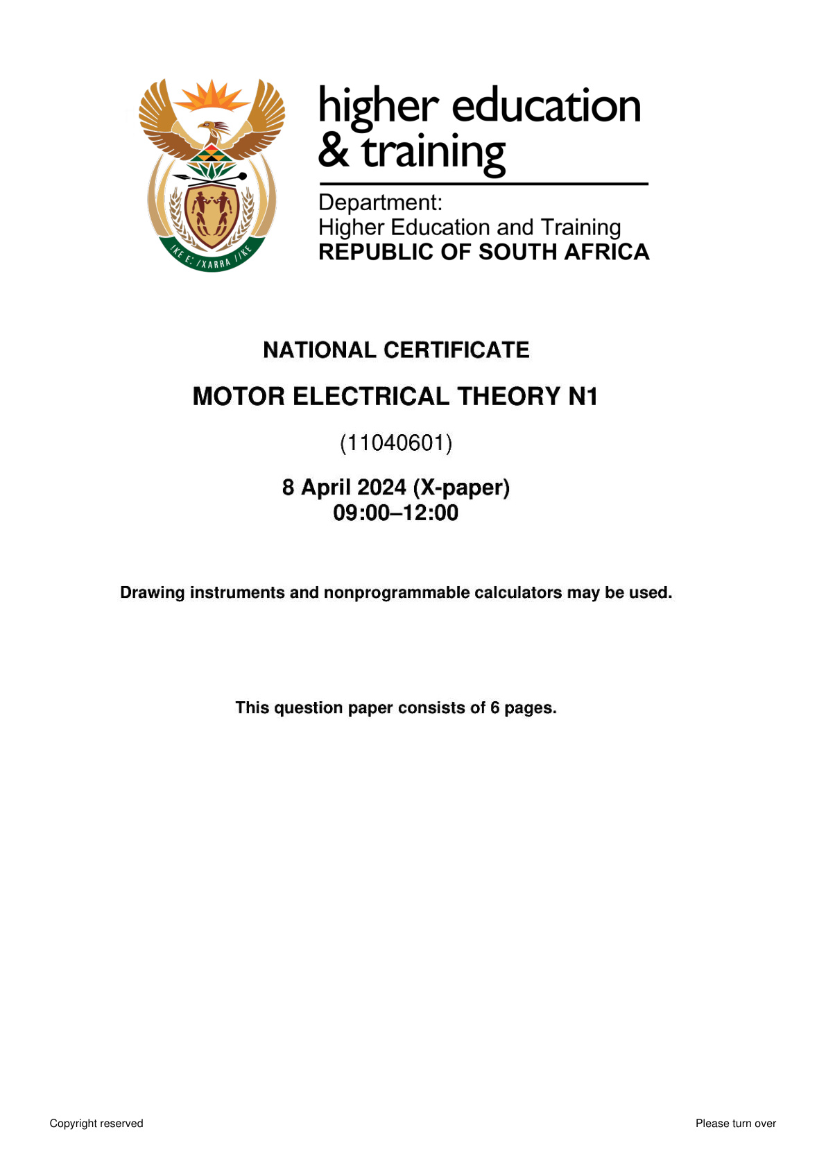 Motor Electrical Theory N1 DHET NATED April 2024 Paper X - Question Paper