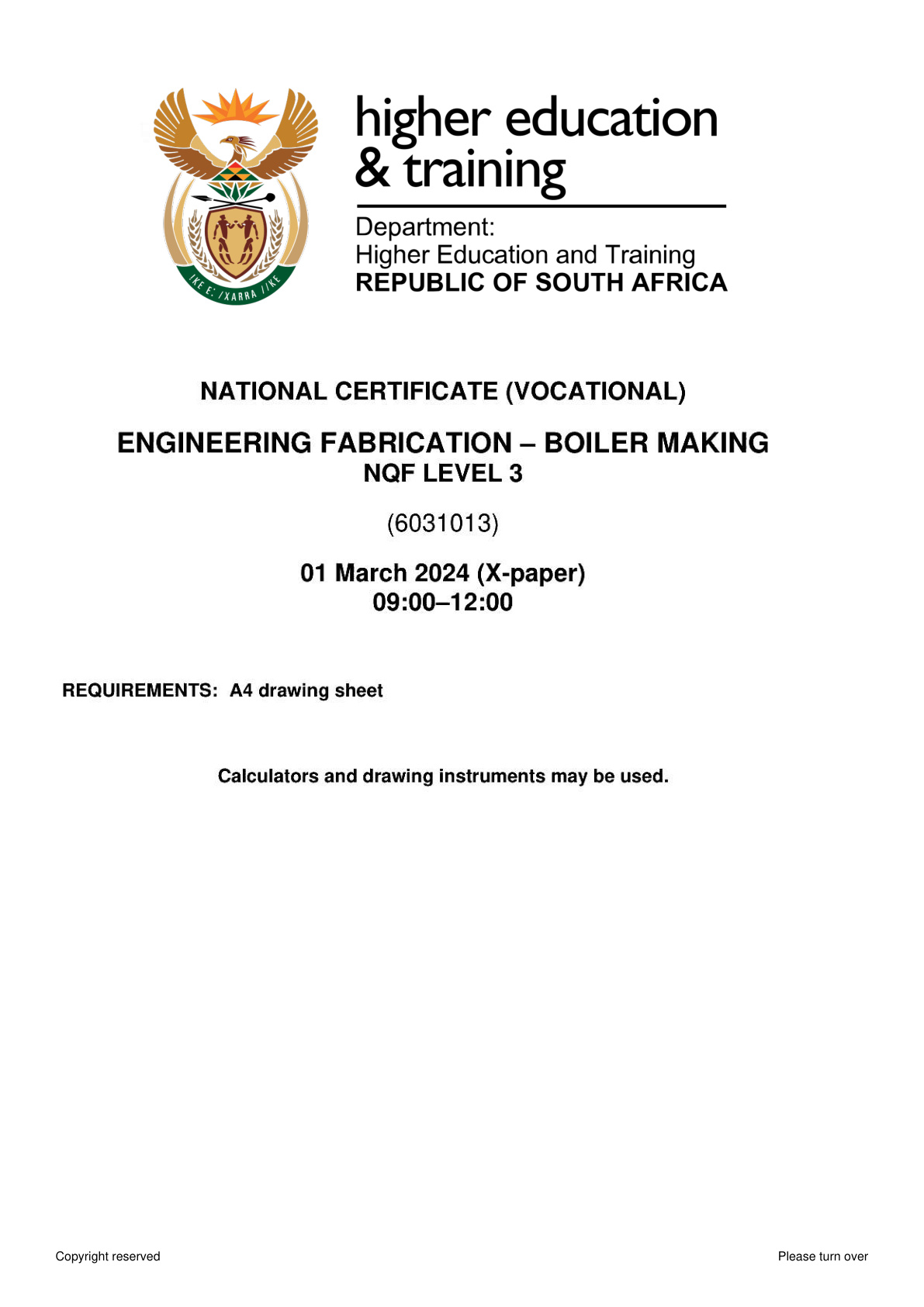Engineering Fabrication: Boilermaking Level 3 DHET NCV 2024 - Question Paper