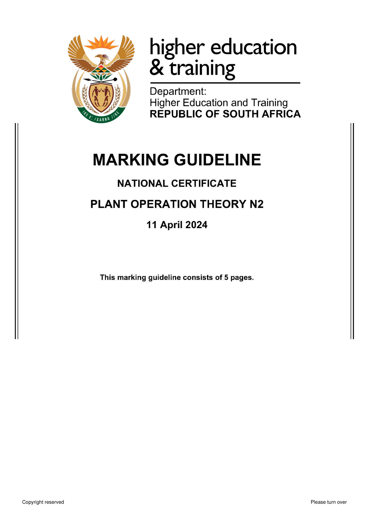 Plant Operation Theory N2 DHET NATED April 2024 - Memo