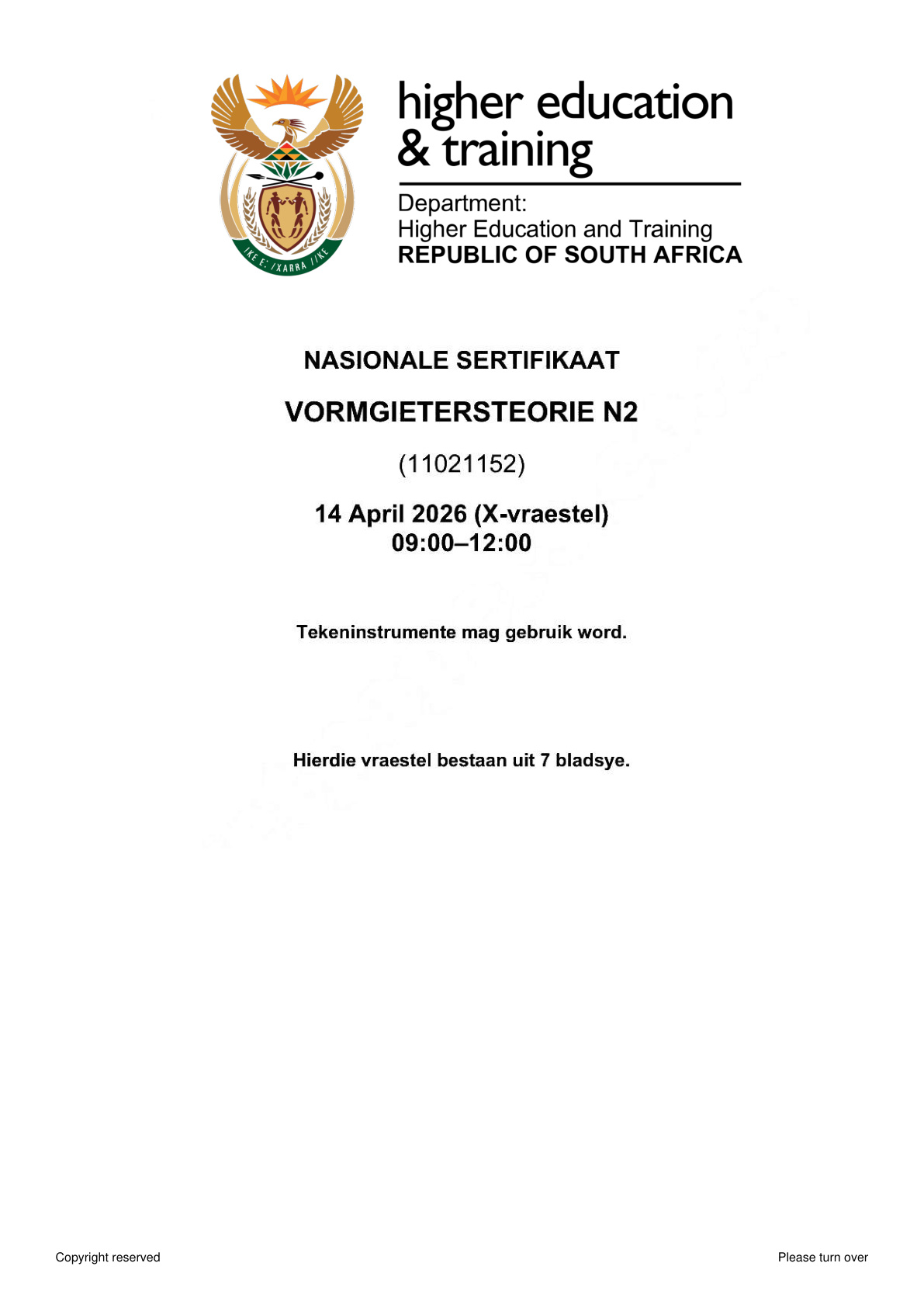 Moulders' Theory N2 DHET NATED April 2026 Paper X - Question Paper