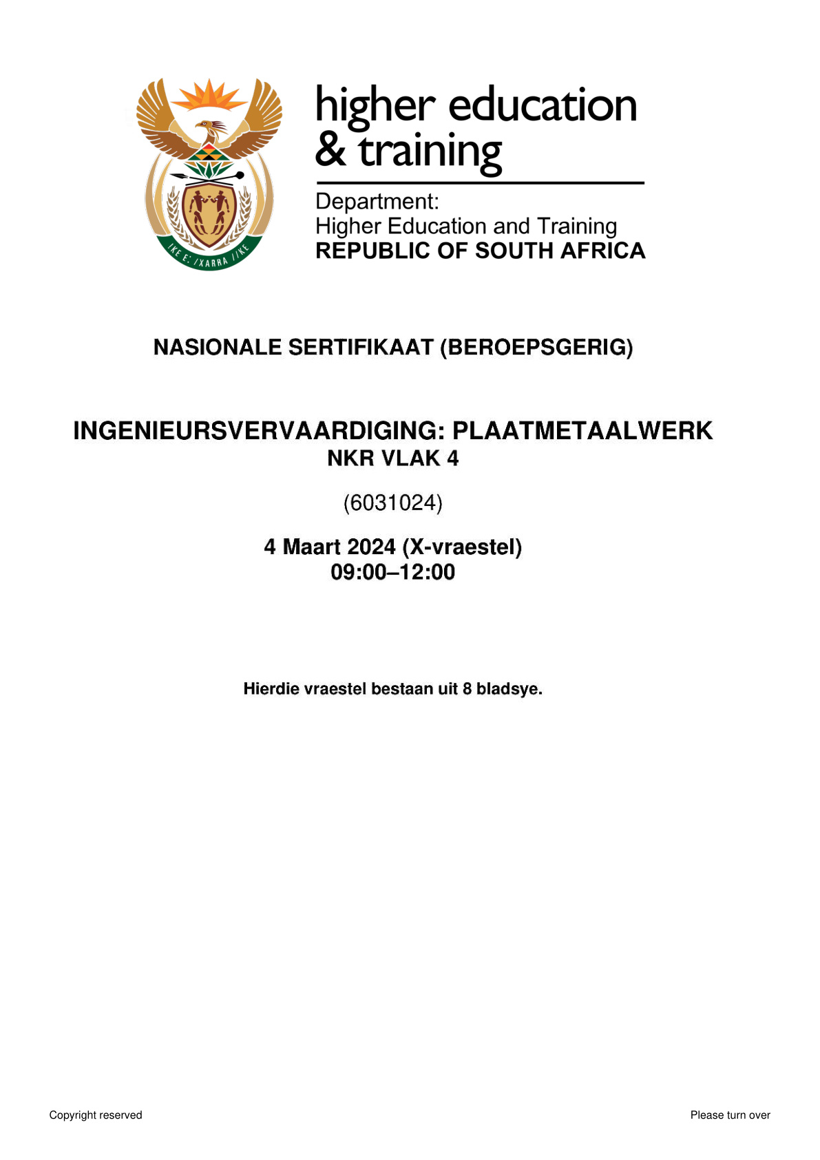 Engineering Fabrication: Sheet Metal Work Level 4 DHET NCV 2024 - Question Paper