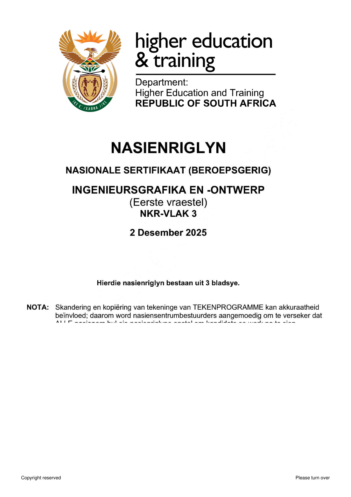 Engineering Graphics and Design Level 3 DHET NCV November 2025 Paper 1 - Memo