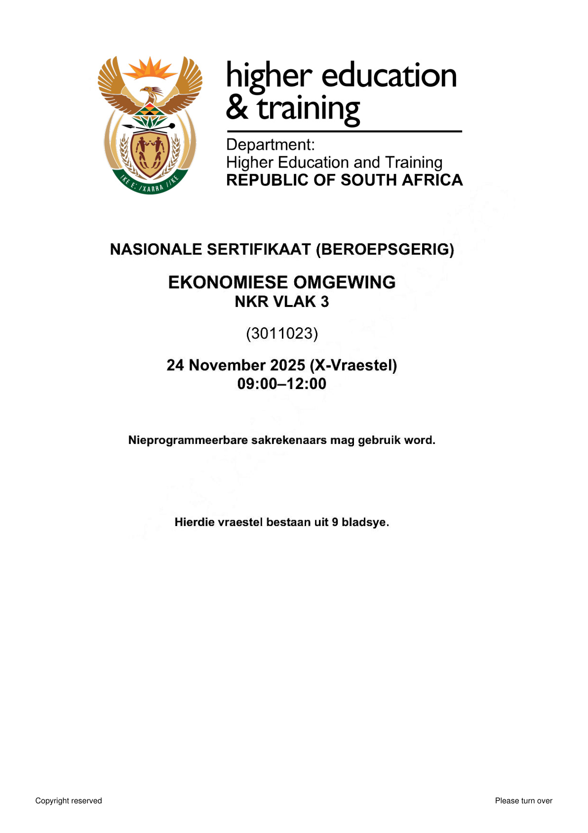Economic Environment Level 3 DHET NCV November 2025 - Question Paper