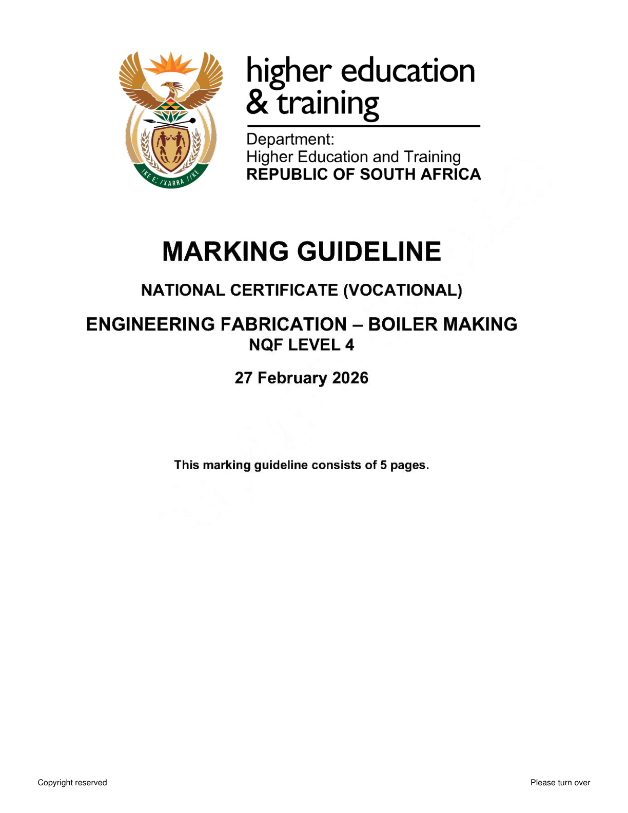 Engineering Fabrication: Boilermaking Level 4 DHET NCV 2026 - Memo