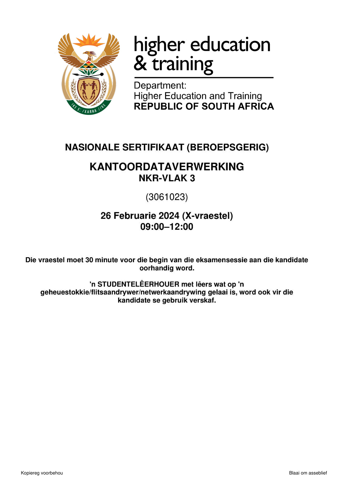 Office Data Processing Level 3 DHET NCV 2024 - Question Paper