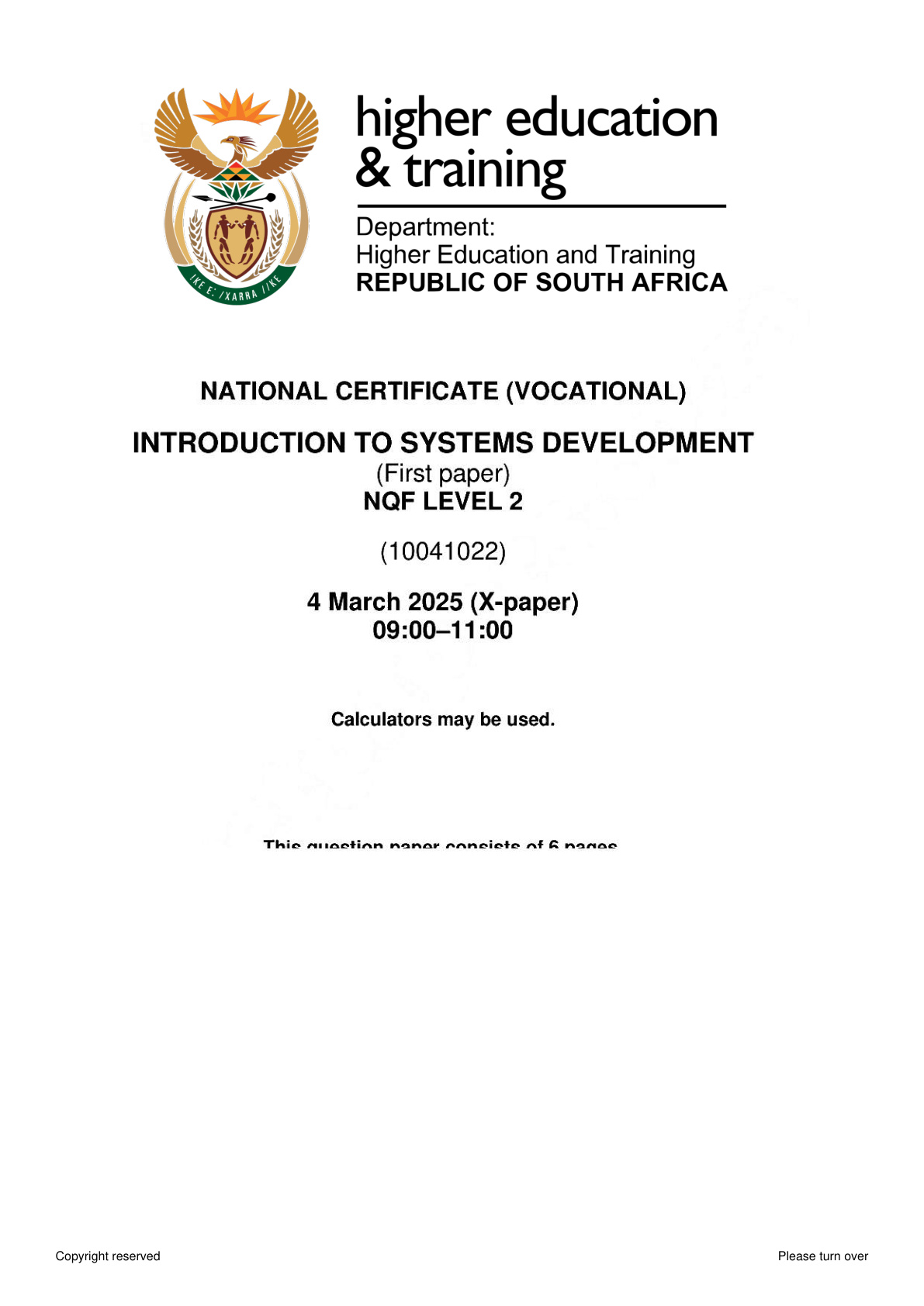 INTRODUCTION TO SYSTEMS DEVELOPMENT Level 2 DHET NCV February 2025 Paper 1 - Question Paper