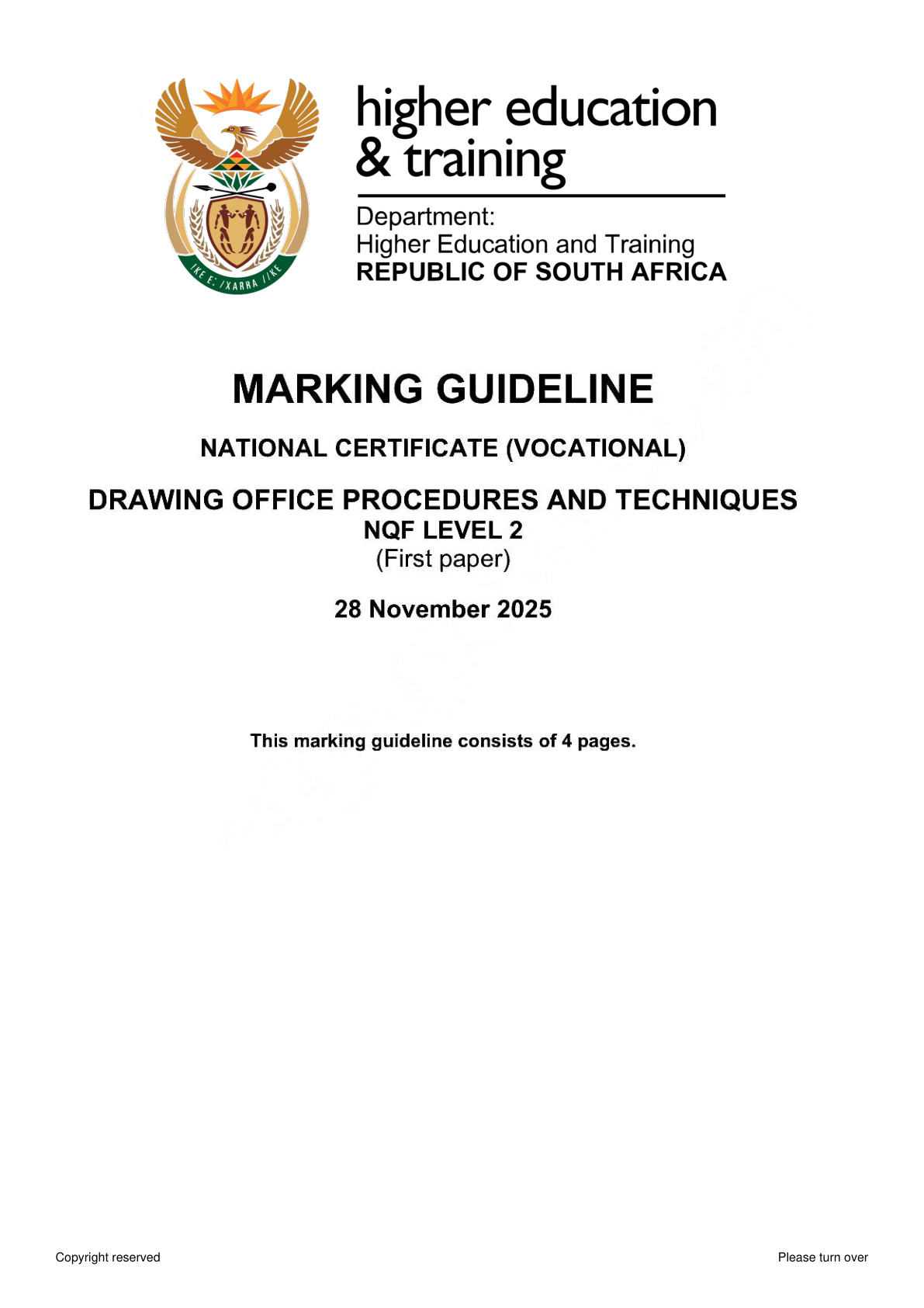 Drawing Office Procedures and Techniques Level 4 DHET NCV November 2025 Paper 1 - Memo