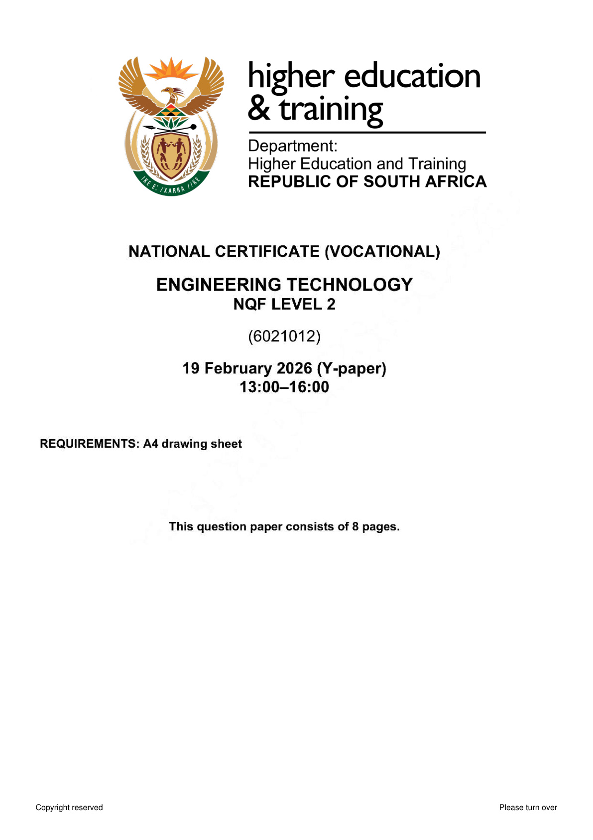 Engineering Technology Level 2 Dhet NCV 2026 - Question Paper