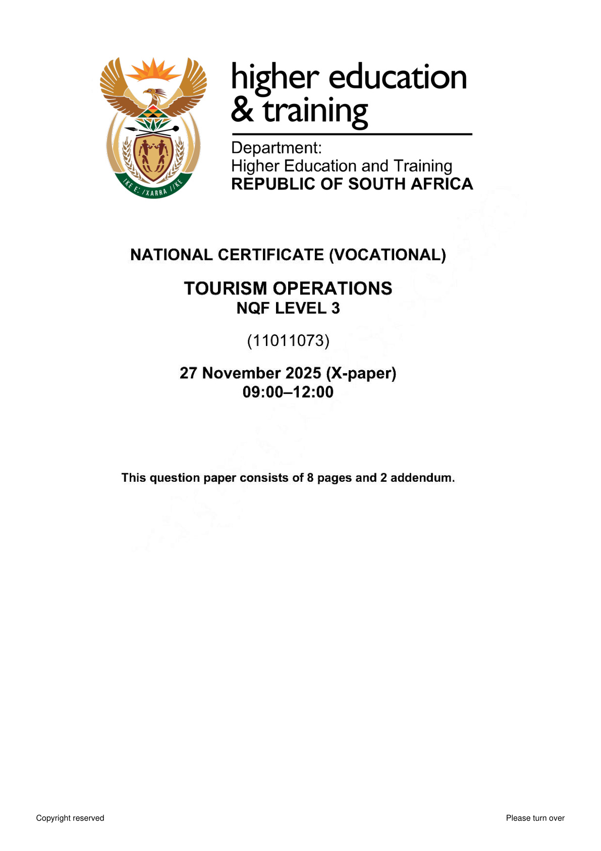 Tourism Operations Level 3 DHET NCV November 2025 - Question Paper