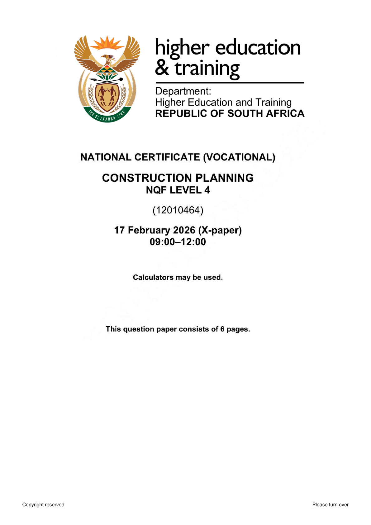 Construction Planning Level 4 DHET NCV 2026 - Question Paper