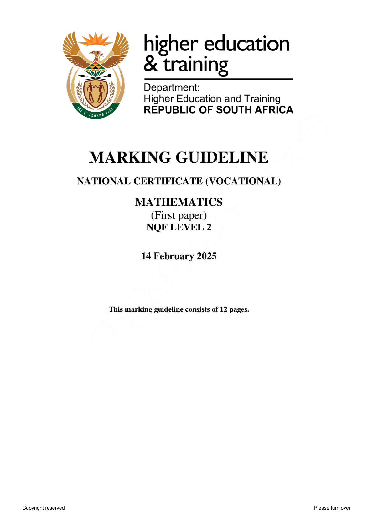 Mathematics Level 2 DHET NCV February 2025 Paper 1 - Memo