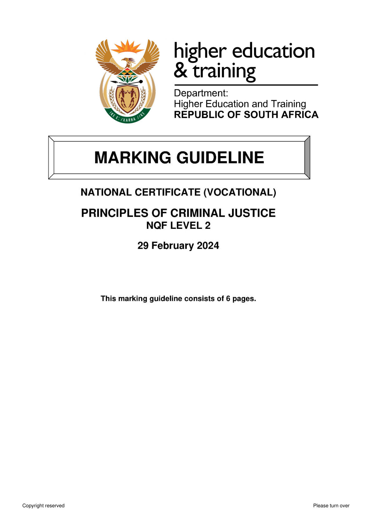 Principles of Criminal Justice Level 2 DHET NCV 2024 - Memo