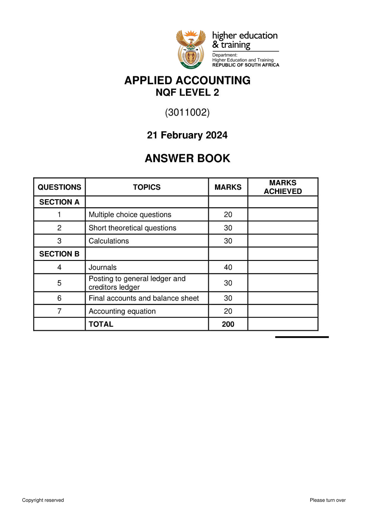 Applied Accounting Level 2 Dhet NCV 2024 - Answer Book