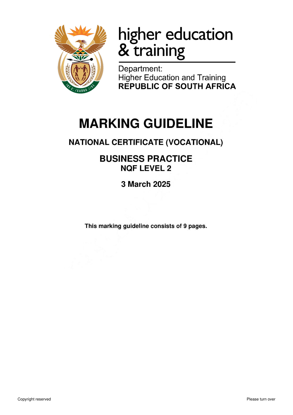 Business Practice Level 2 Dhet NCV February 2025 - Memo