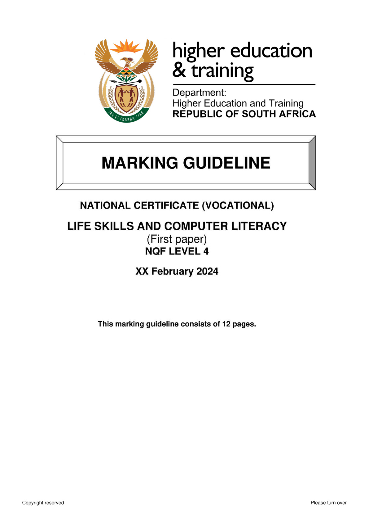 Life Skills And Computer Literacy Level 4 Dhet NCV February 2024 Paper 1 - Memo
