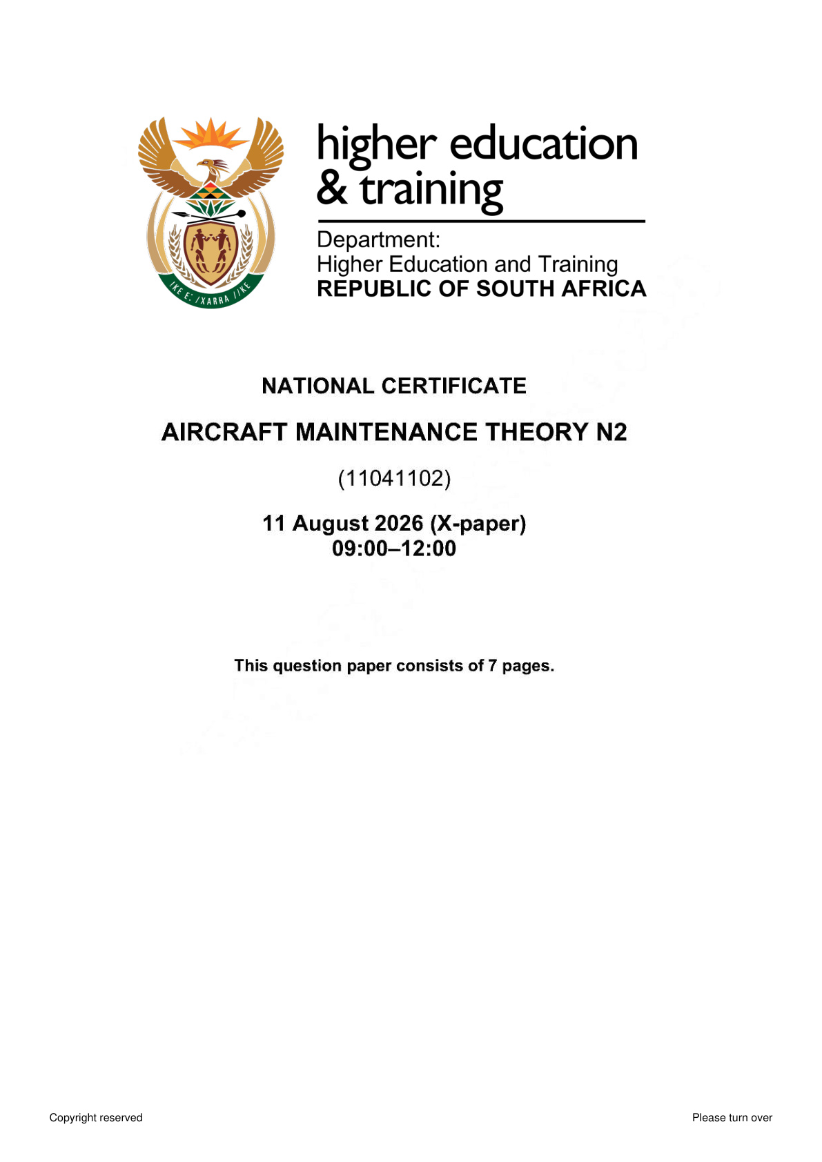 Aircraft Maintenance Theory N2 DHET NATED August 2026 Paper X - Question Paper