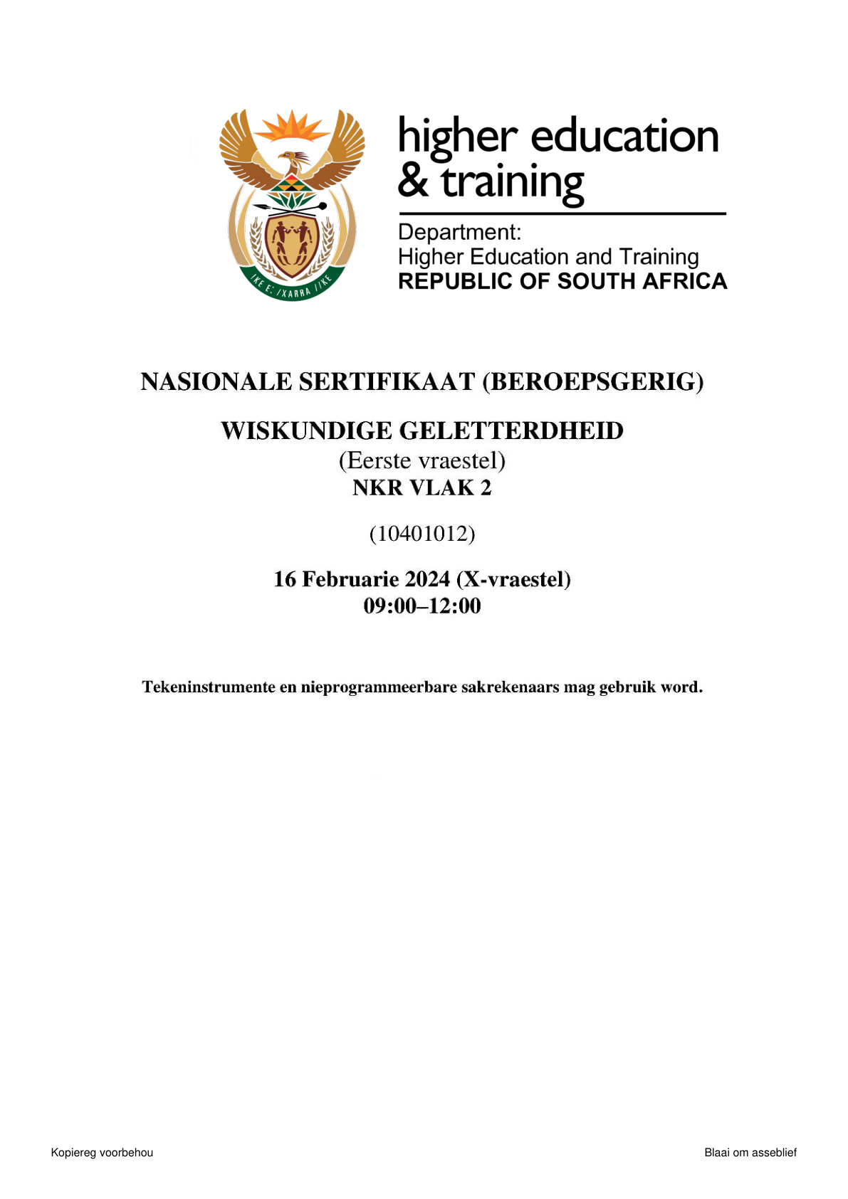 Mathematical Literacy Level 2 DHET NCV 2024 Paper 1 - Question Paper