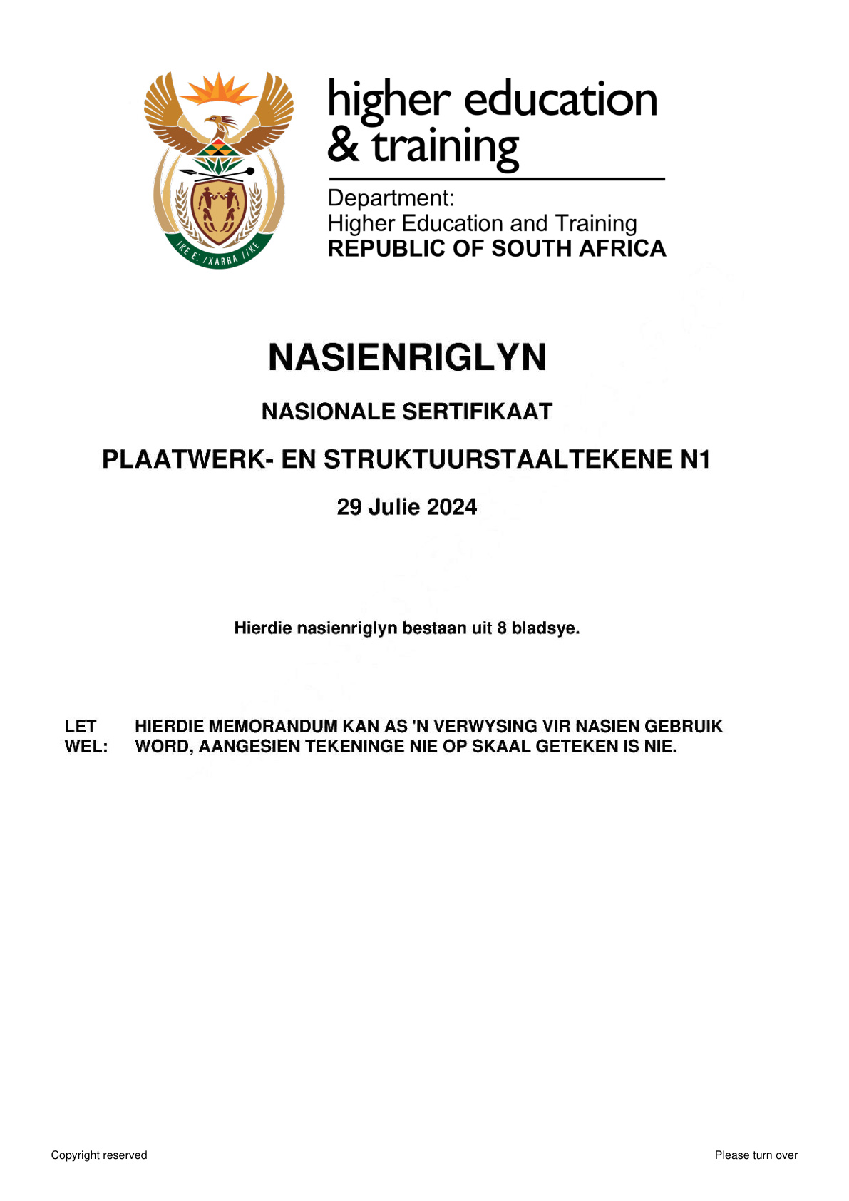 Plating and Structural Steel Drawing N1 DHET NATED August 2024 - Memo