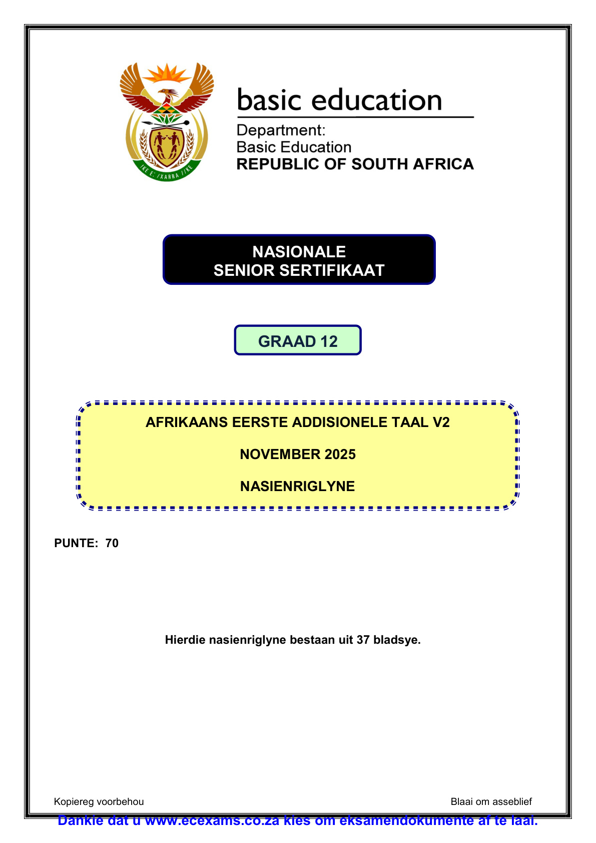 Afrikaans First Additional Language Grade 12 DBE NSC November 2025 Paper 2 - Memo (Eastern Cape)