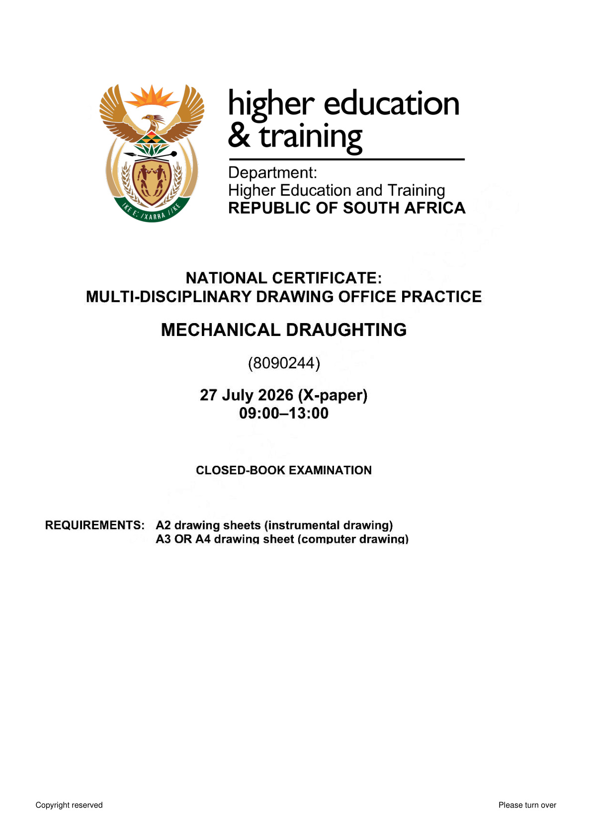 Mechanical Draughting N4 Dhet Nated August 2026 Paper 10 - Question Paper