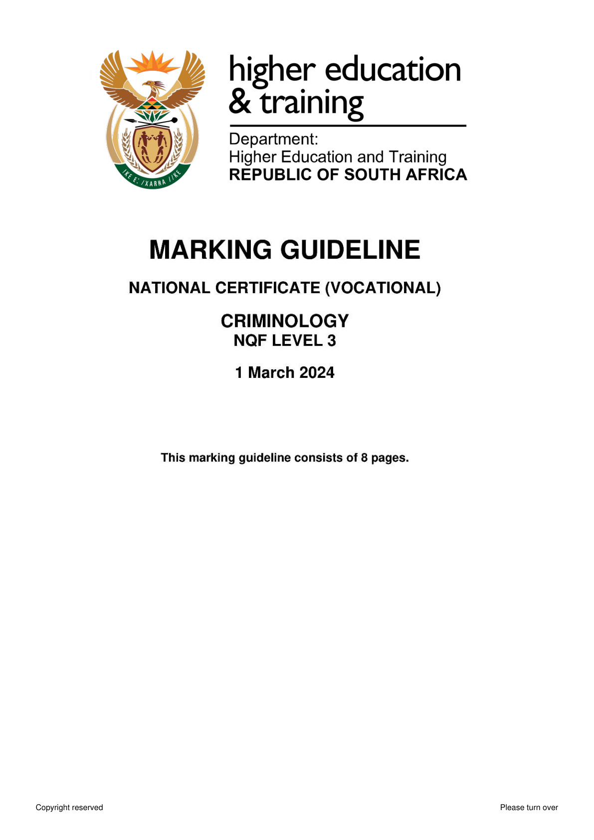 Criminology Level 3 DHET NCV 2024 - Memo