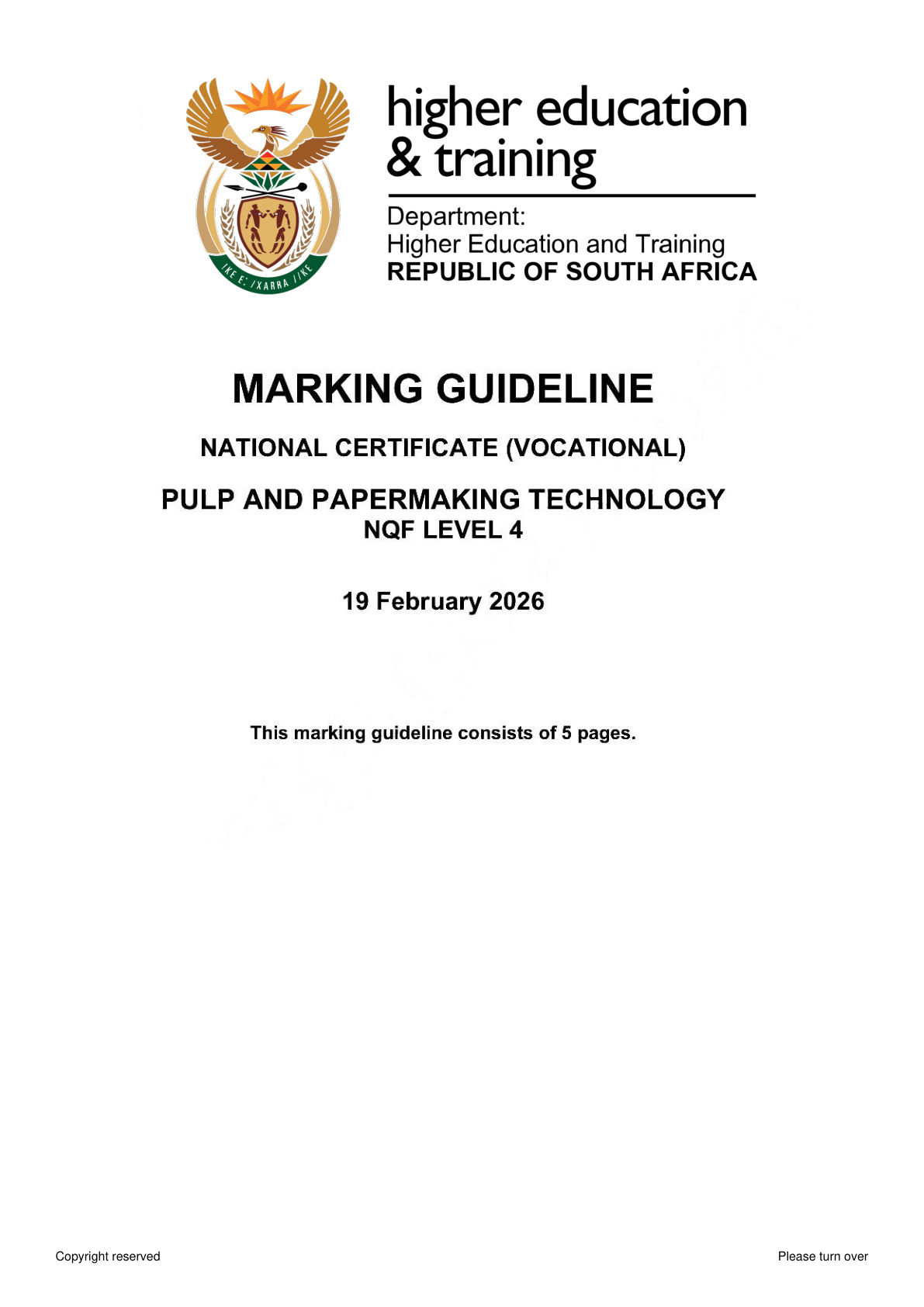 Pulp and Papermaking Technology Level 4 DHET NCV February 2026 - Memo