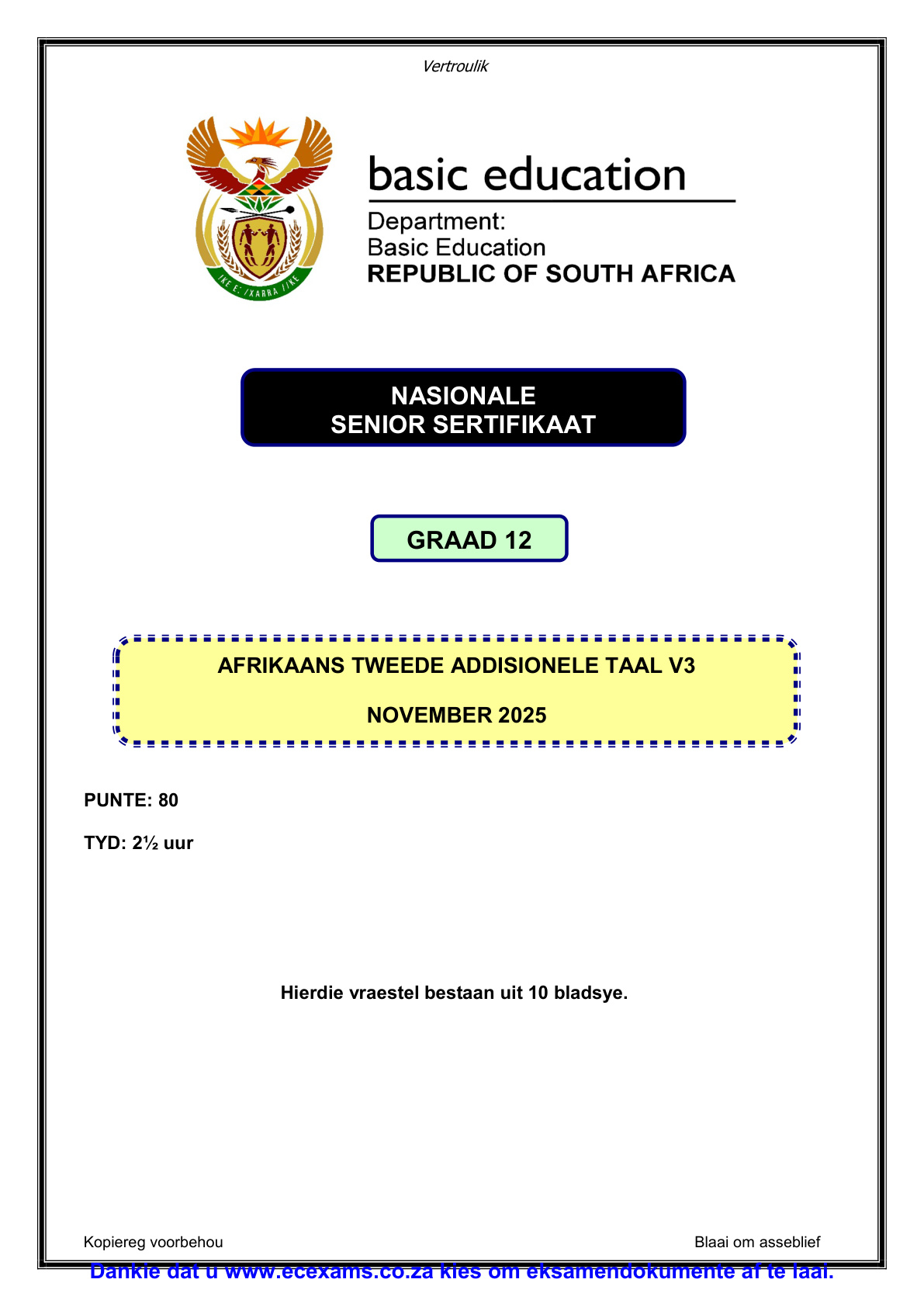 Afrikaans Second Additional Language Grade 12 DBE NSC November 2025 Paper 3 - Question Paper (Eastern Cape)