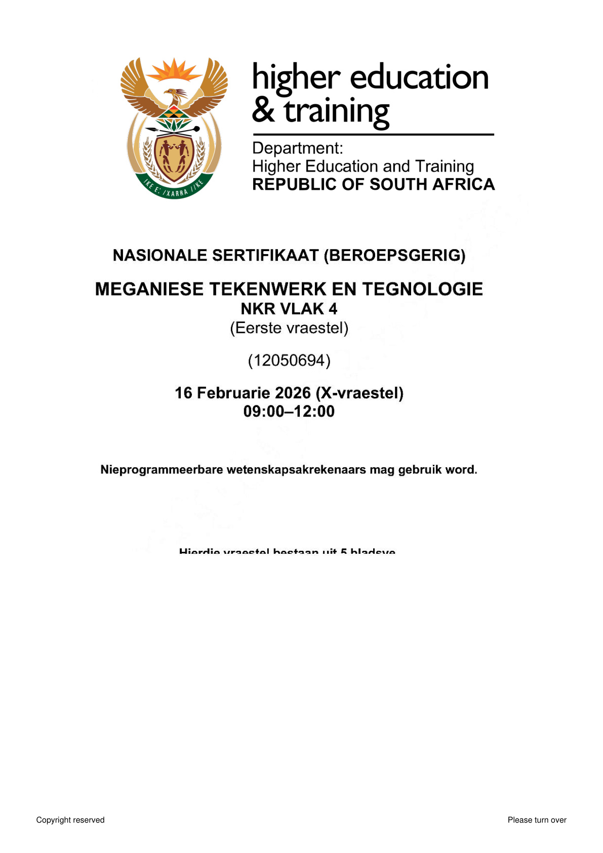 Mechanical Draughting and Technology Level 4 DHET NCV 2026 Paper 1 - Question Paper