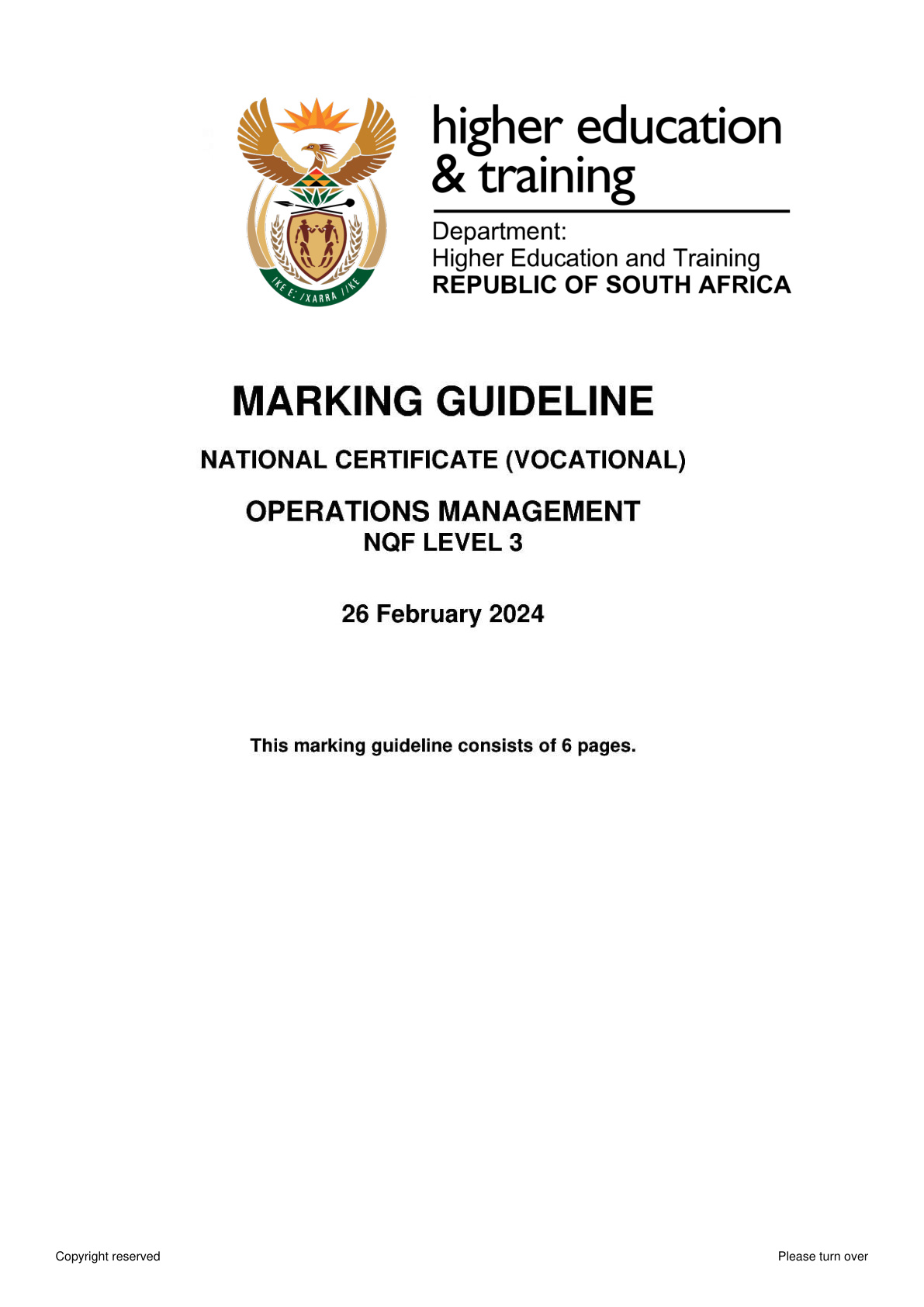 Operations Management Level 3 DHET NCV 2024 - Memo