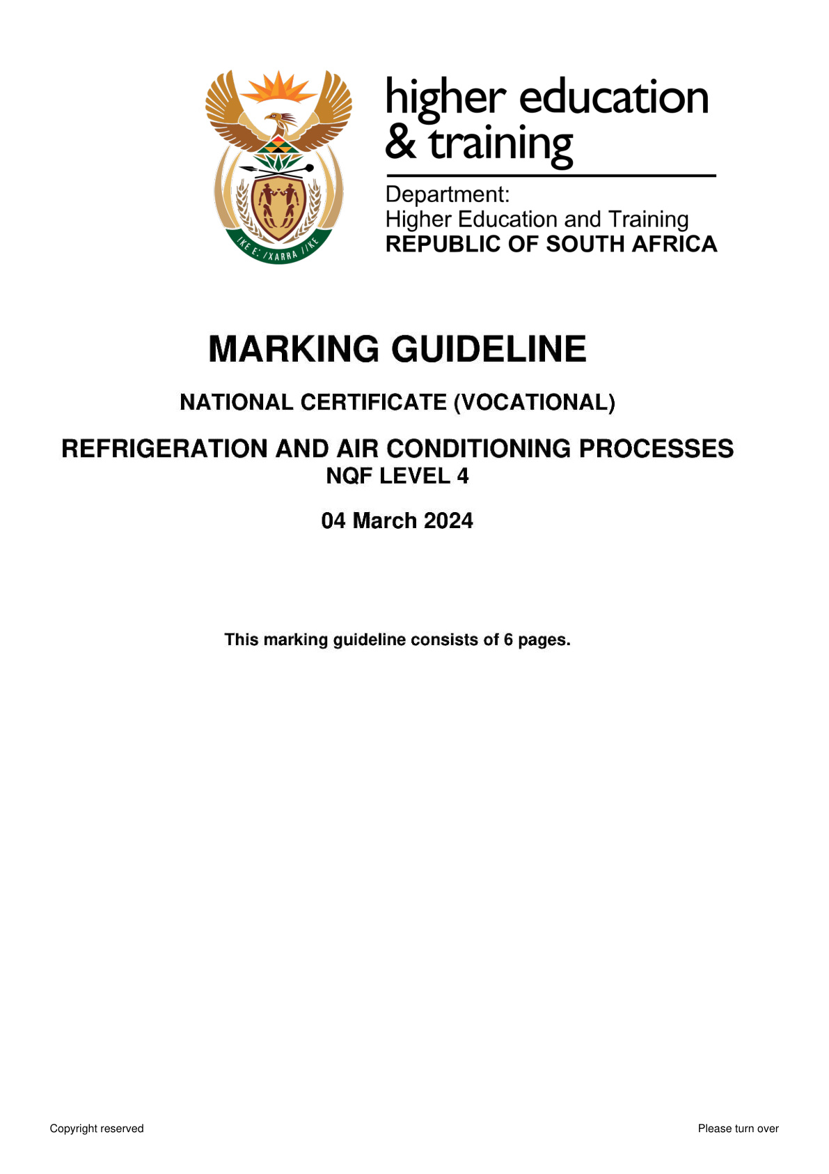 Refrigeration and Air Conditioning Processes Level 4 DHET NCV 2024 - Memo