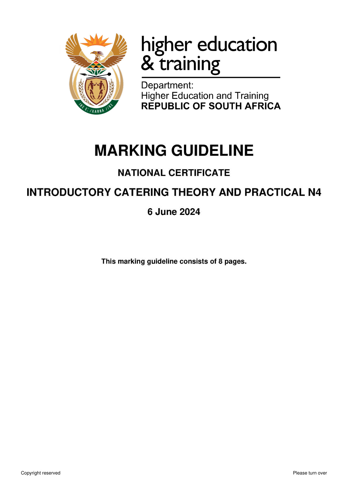 Introductory Catering Theory and Practice N4 DHET NATED June 2024 - Memo