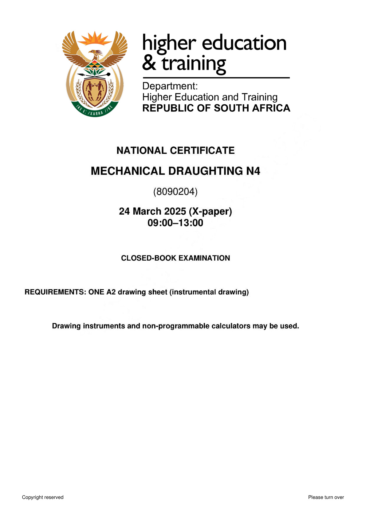 Mechanical Draughting N4 Dhet Nated April 2025 Paper 10 - Question Paper