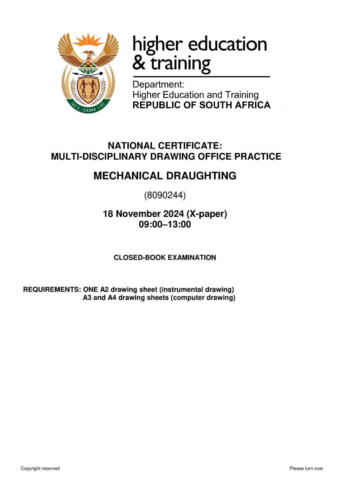 Mechanical Draughting N4 Dhet Nated November 2024 Paper 10 - Question Paper