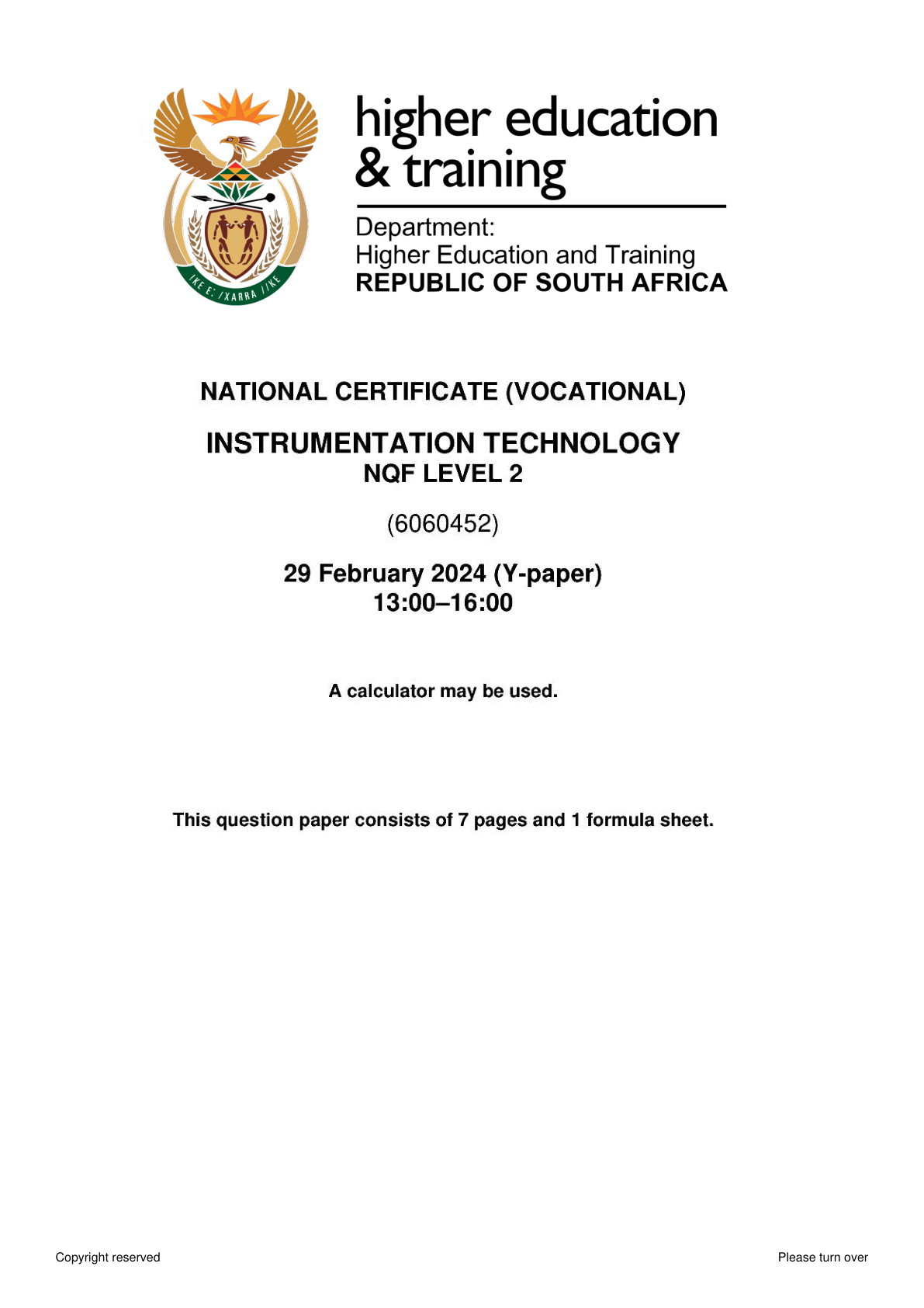 Instrumentation Technology Level 2 Dhet NCV 2023 - Question Paper