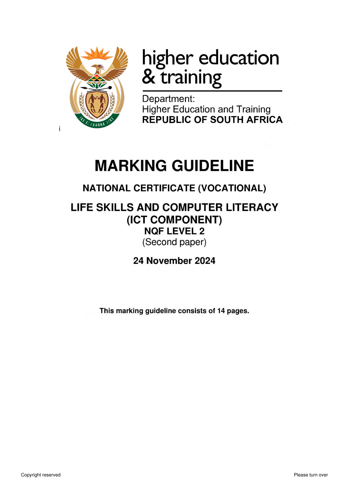 Life Skills and Computer Literacy Level 2 DHET NCV November 2024 Paper 2 - Memo