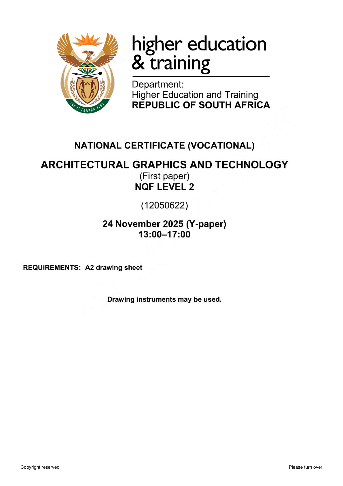 Architectural Graphics and Technology Level 2 DHET NCV November 2025 Paper 1 - Question Paper