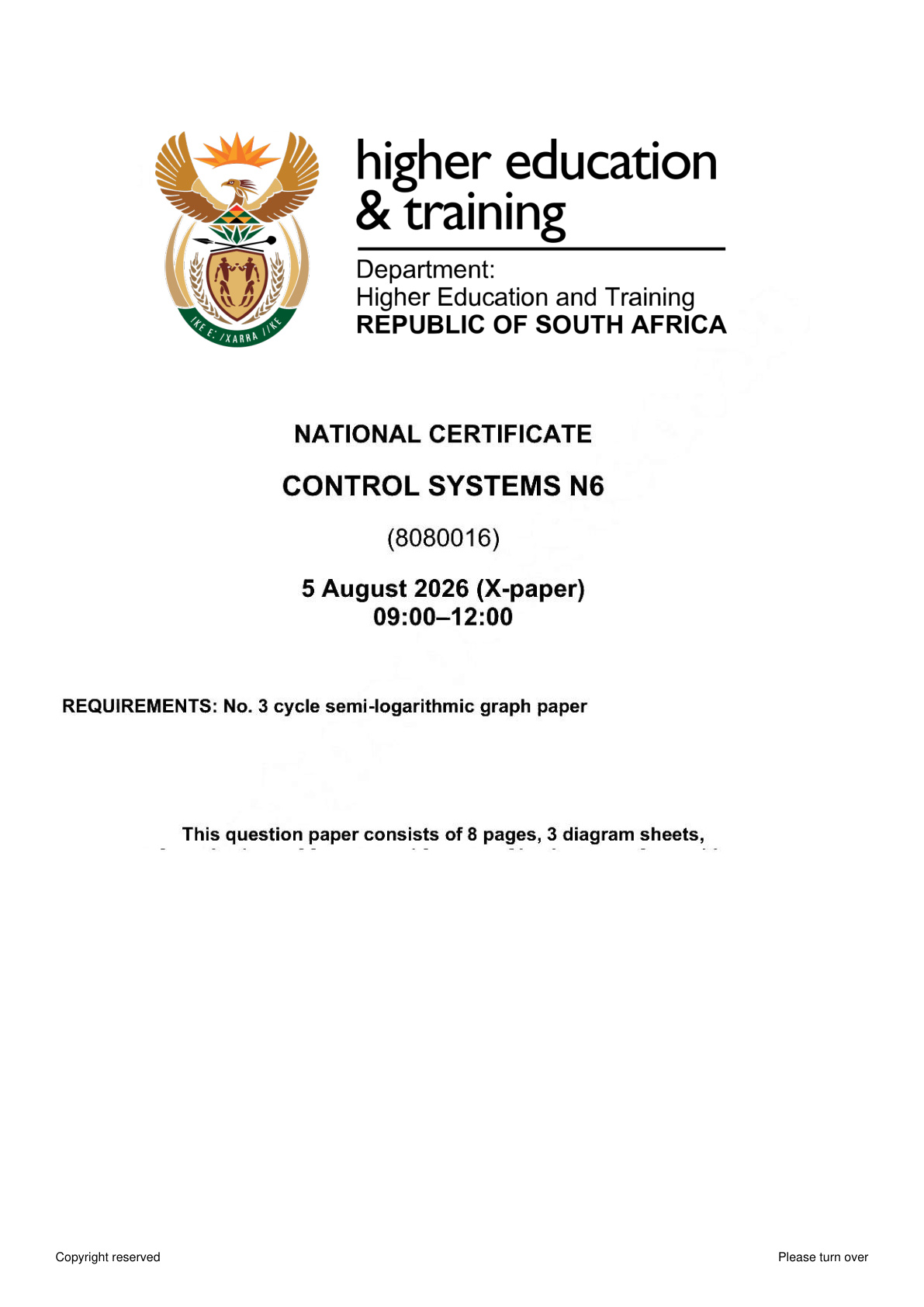 Control Systems N6 DHET NATED August 2026 Paper X - Question Paper