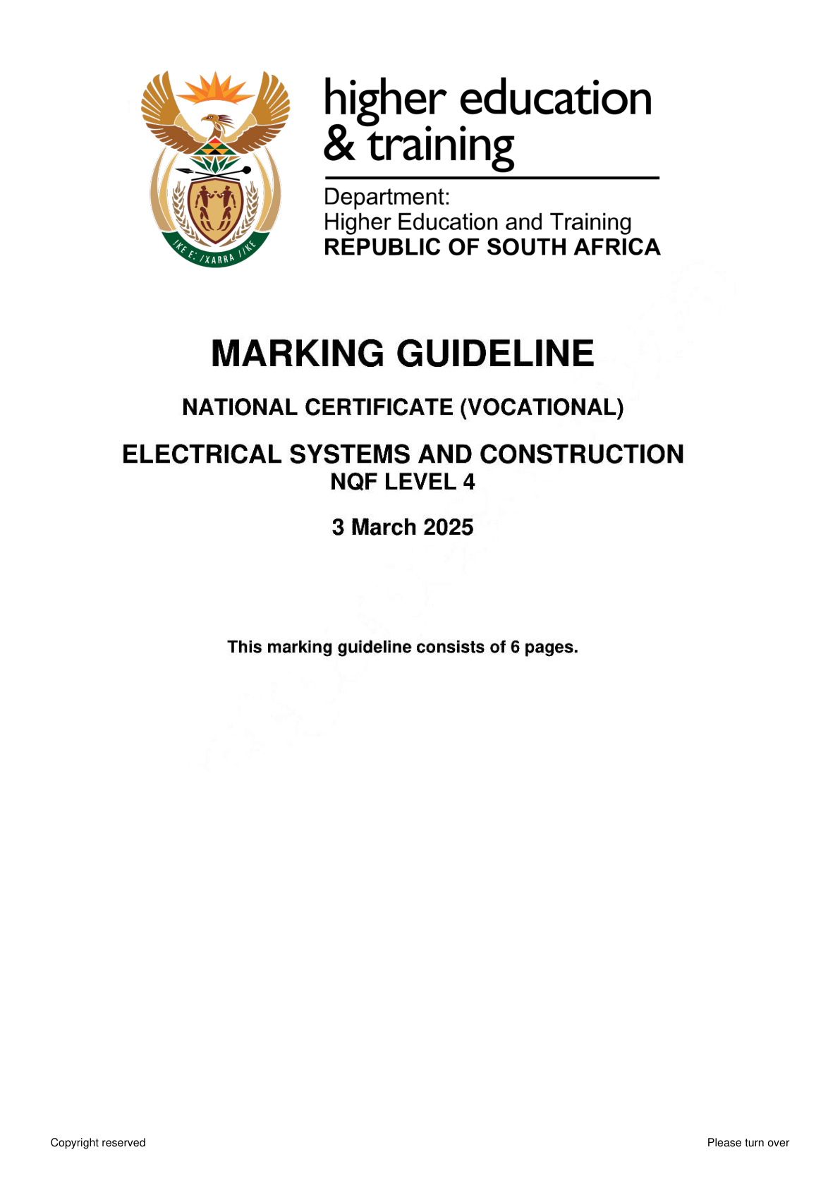 Electrical Systems and Construction Level 4 DHET NCV February 2025 - Memo