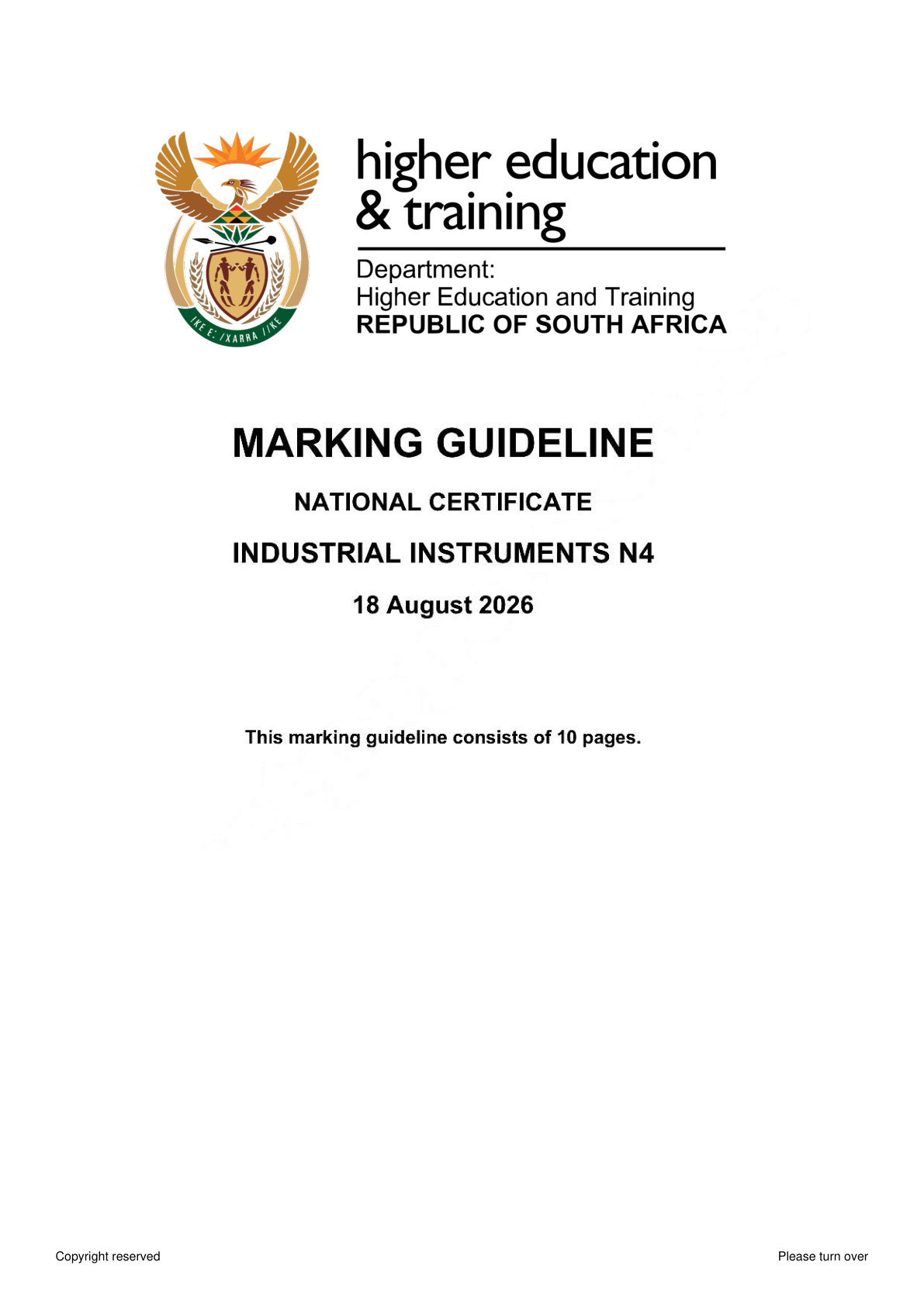 Industrial Instruments N4 DHET NATED August 2026 - Memo
