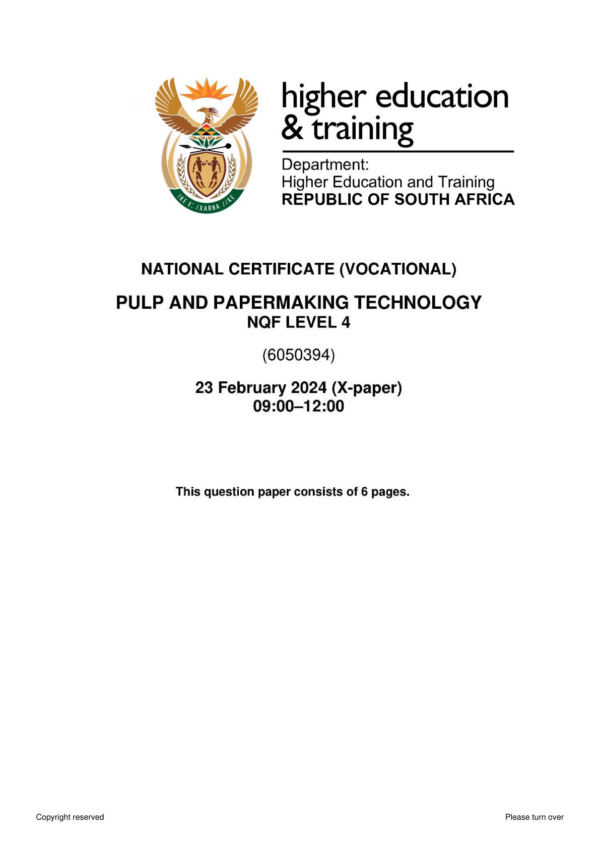 Pulp and Papermaking Technology Level 4 DHET NCV 2024 - Question Paper