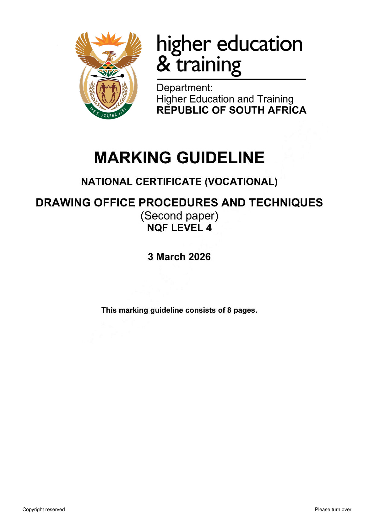Drawing Office Procedures and Techniques Level 4 DHET NCV 2026 Paper 2 - Memo