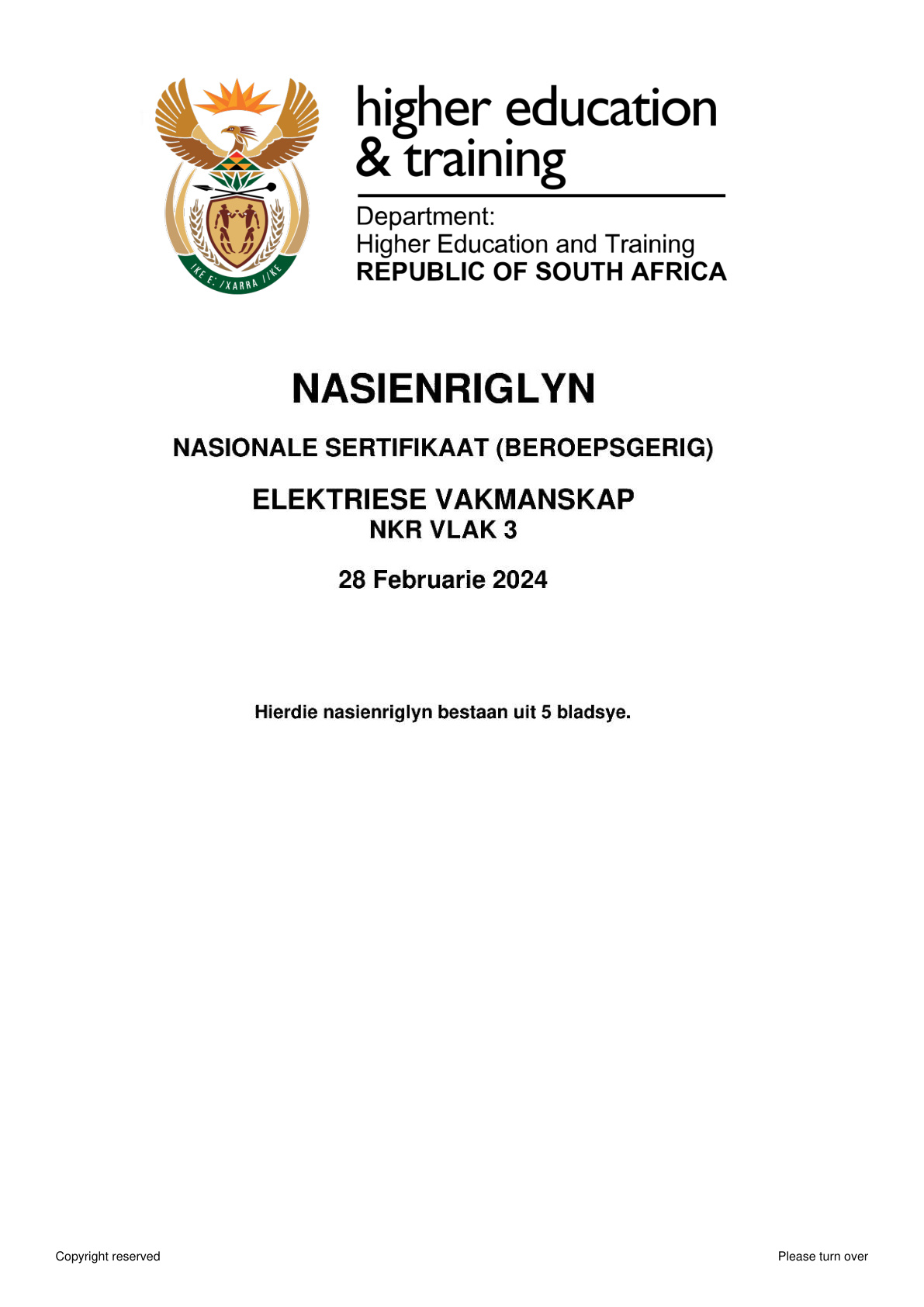 Electrical Workmanship Level 3 DHET NCV 2024 - Memo