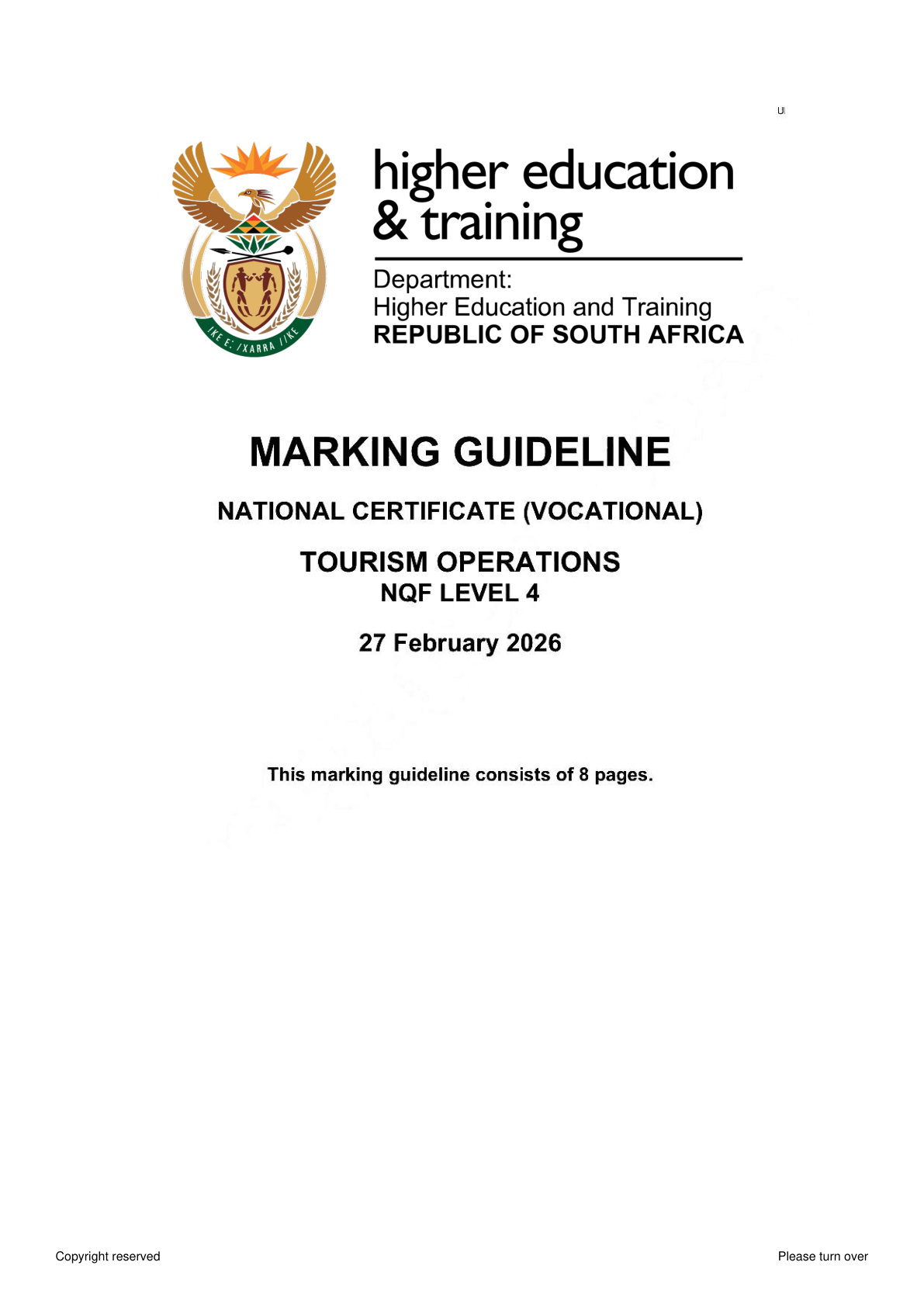 Tourism Operations Level 4 DHET NCV February 2026 - Memo