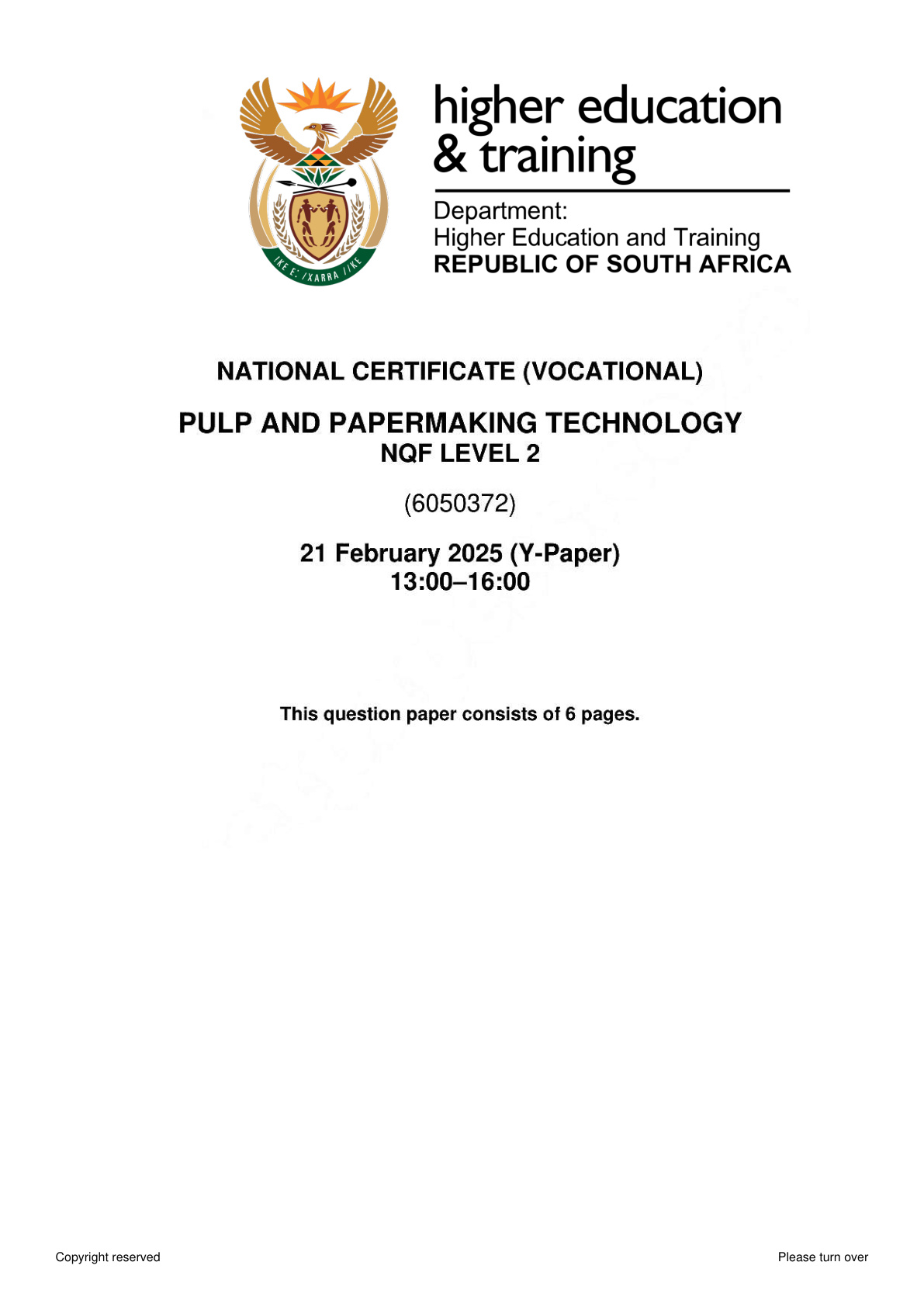 Pulp and Papermaking Technology Level 2 DHET NCV February 2025 - Question Paper