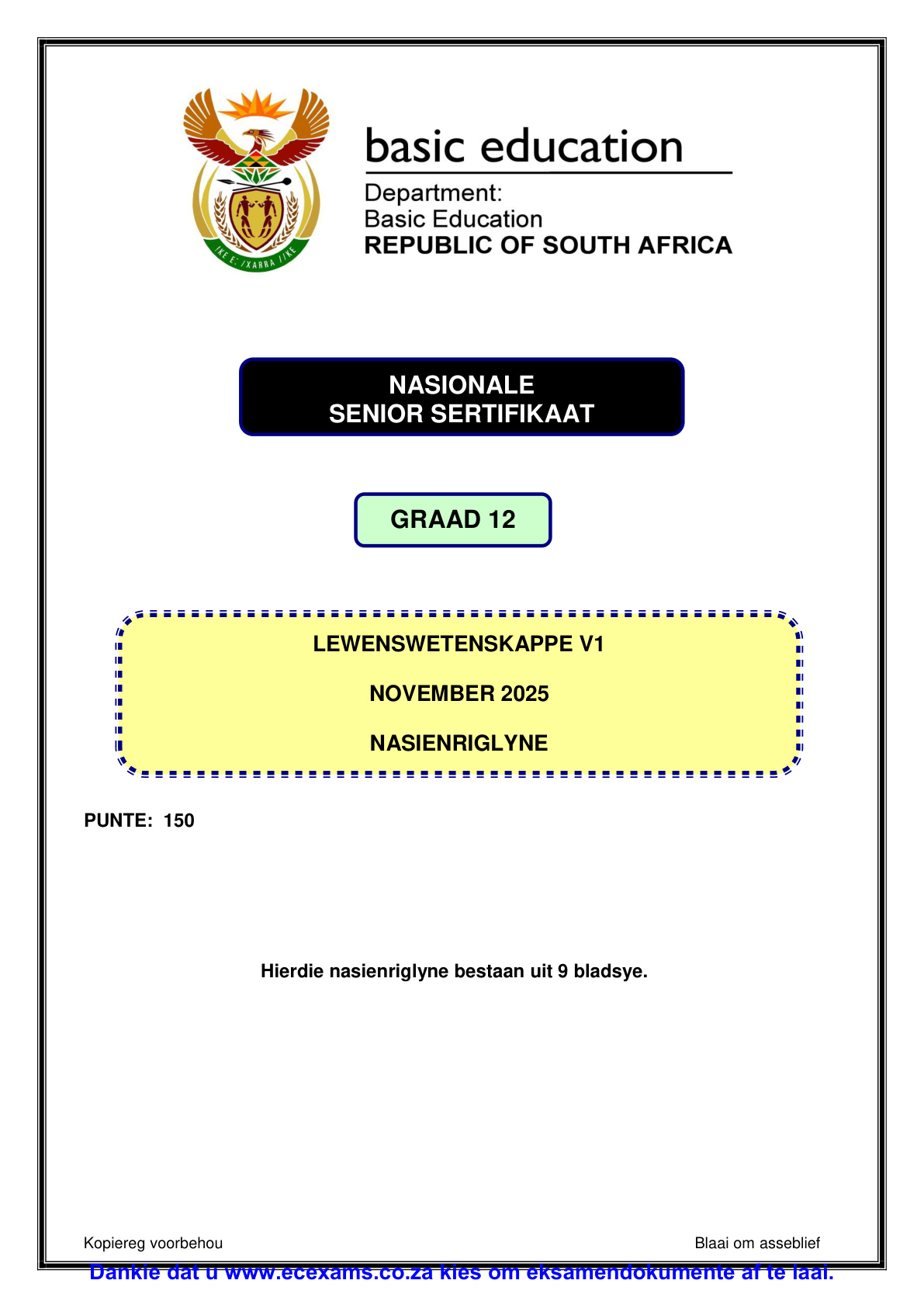 Life Sciences Grade 12 DBE NSC November 2025 Paper 1 - Memo (Eastern Cape)