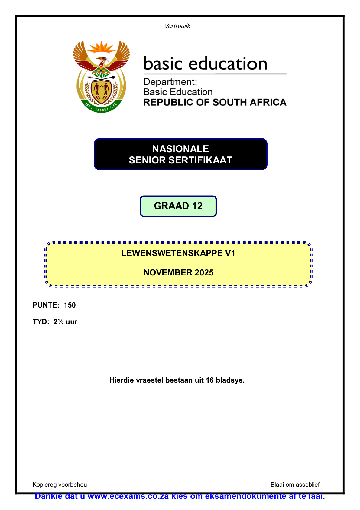 Life Sciences Grade 12 DBE NSC November 2025 Paper 1 - Question Paper (Eastern Cape)